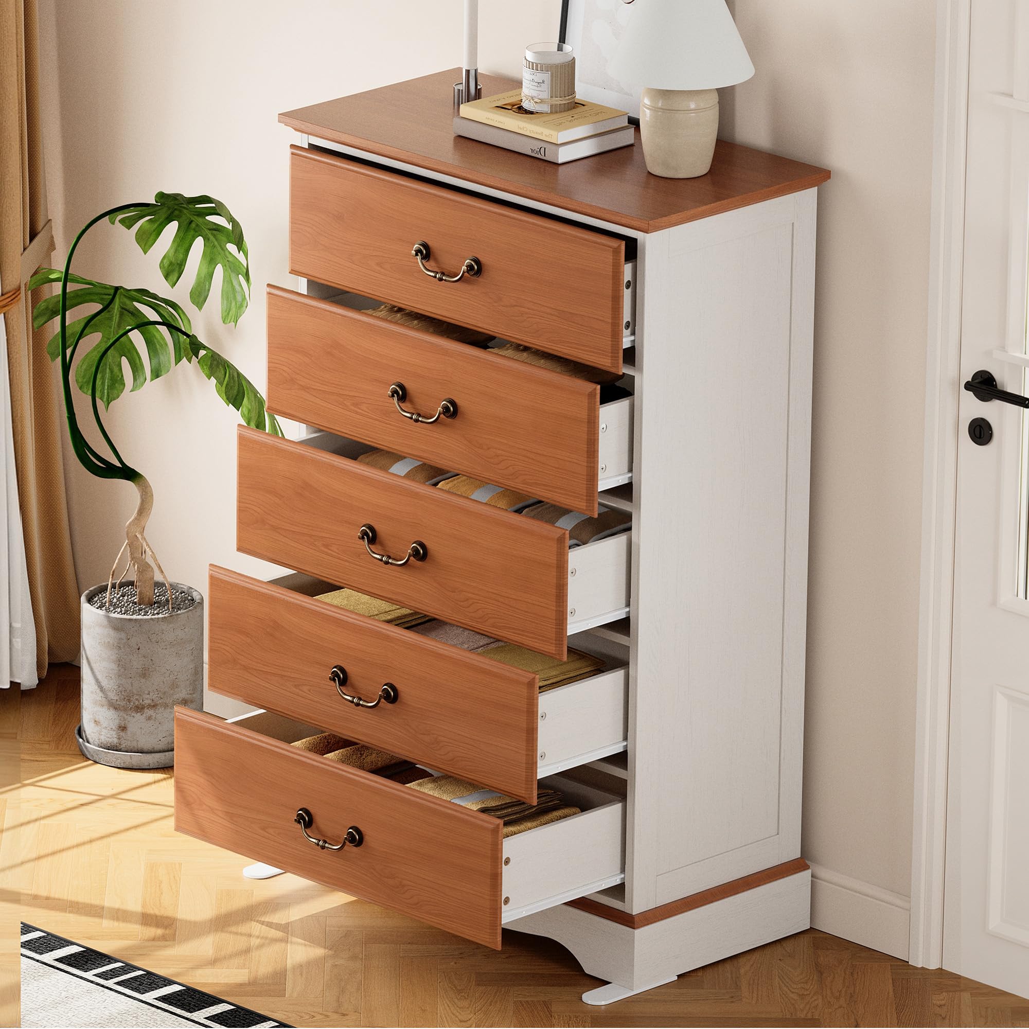 Farmhouse 5 Drawer Dresser for Bedroom, 48" Tall Wood Rustic Chest of Drawers