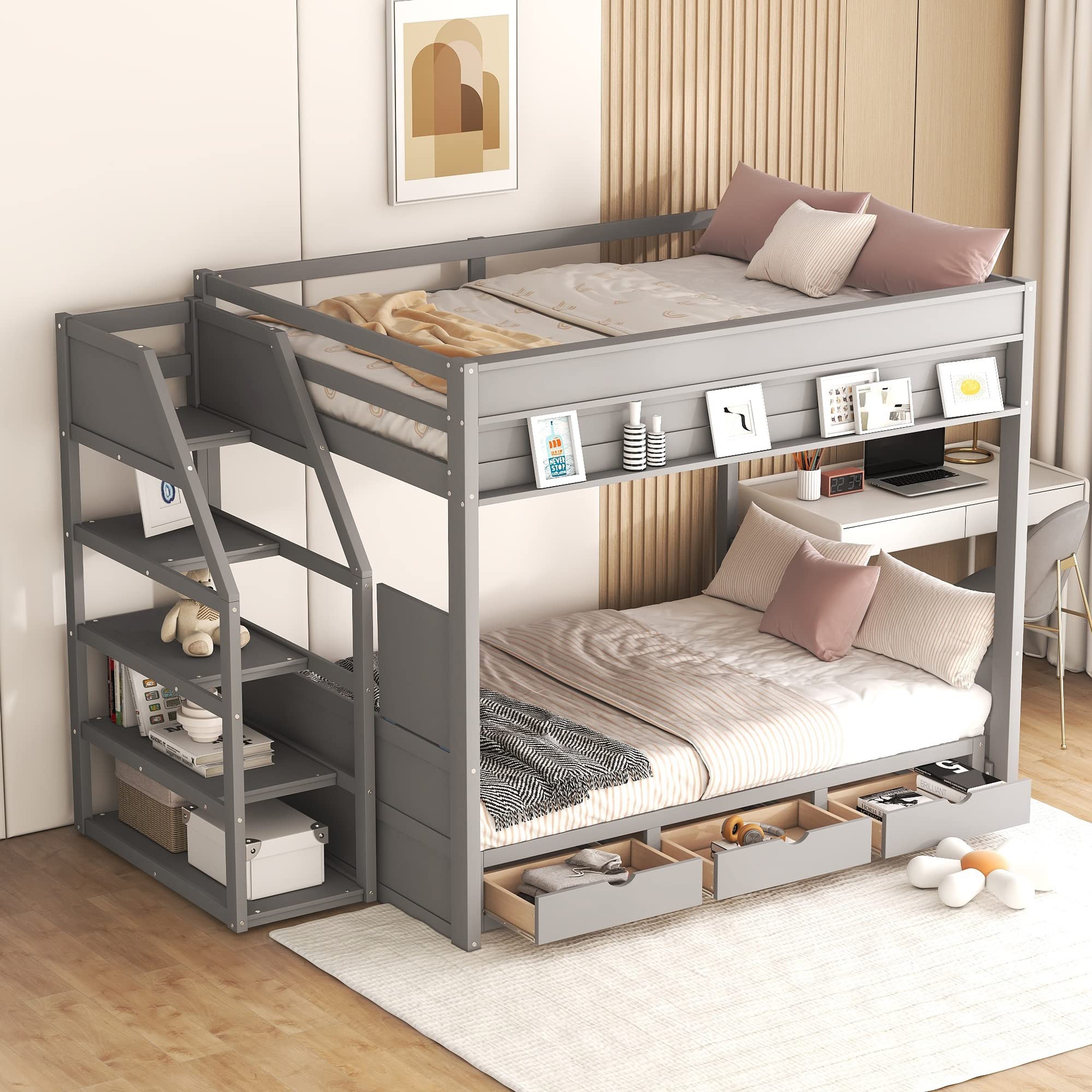 Designs Full Over Full/Futon Bunk Beds with Stairs, Built-in Small Shelf