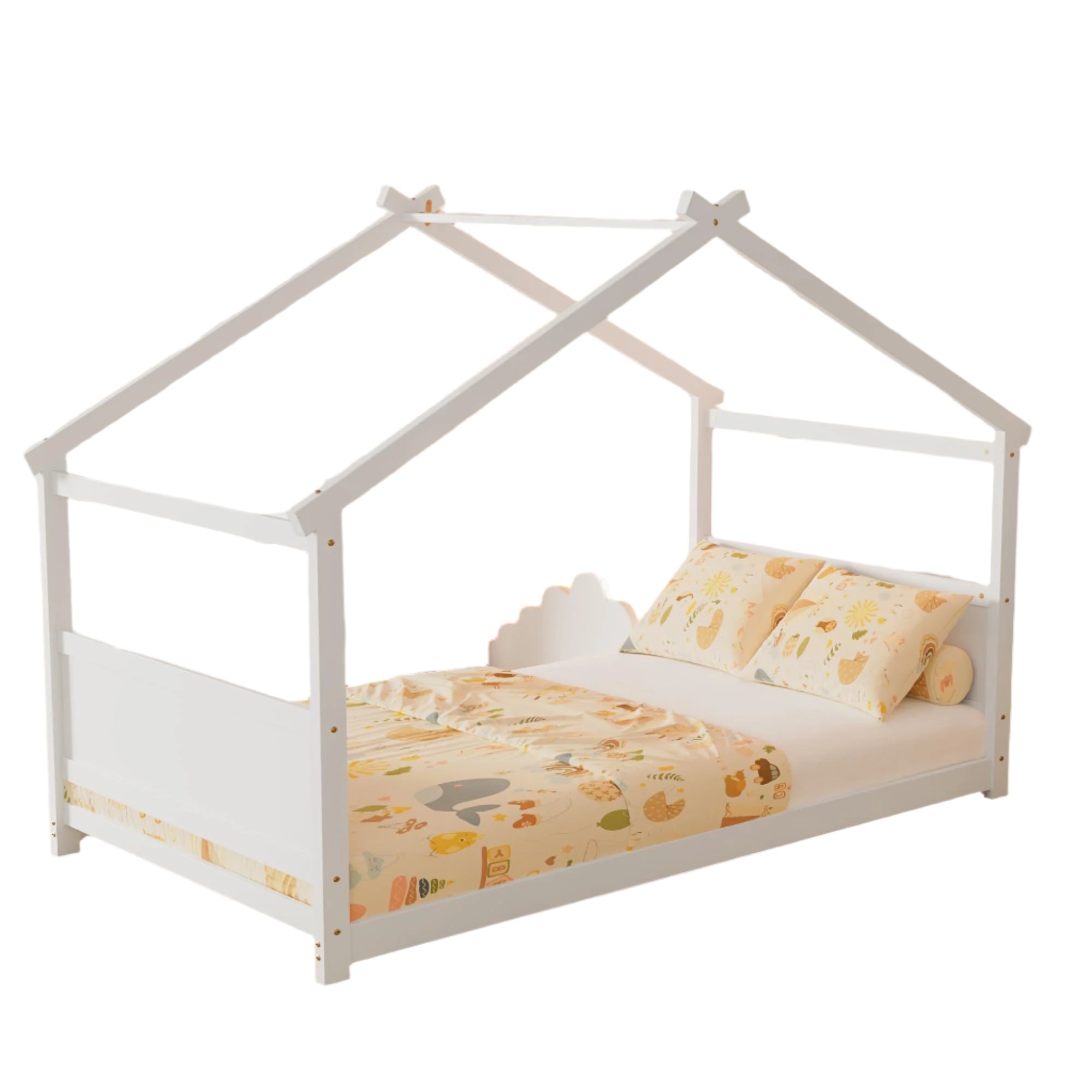 Twin Floor House Bed, Wood Twin Floor Bed Frame with Headboard & Footboard