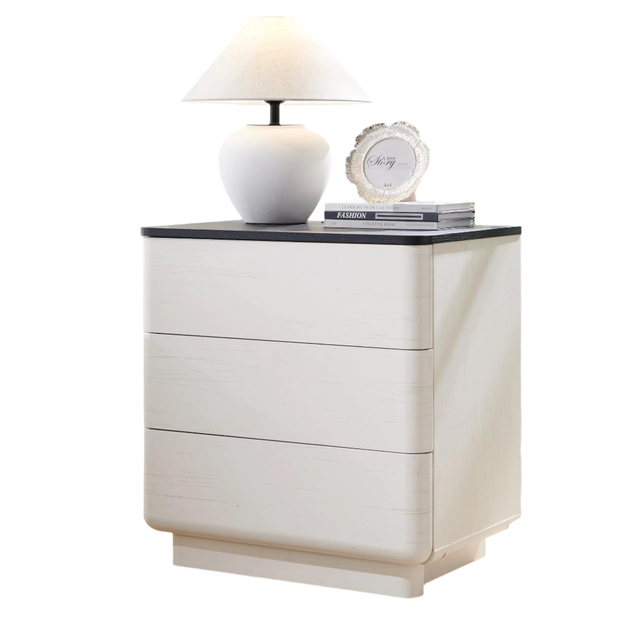 22" Modern Nightstand with Charging Station, 3 Push-to-Open Handleless Drawers