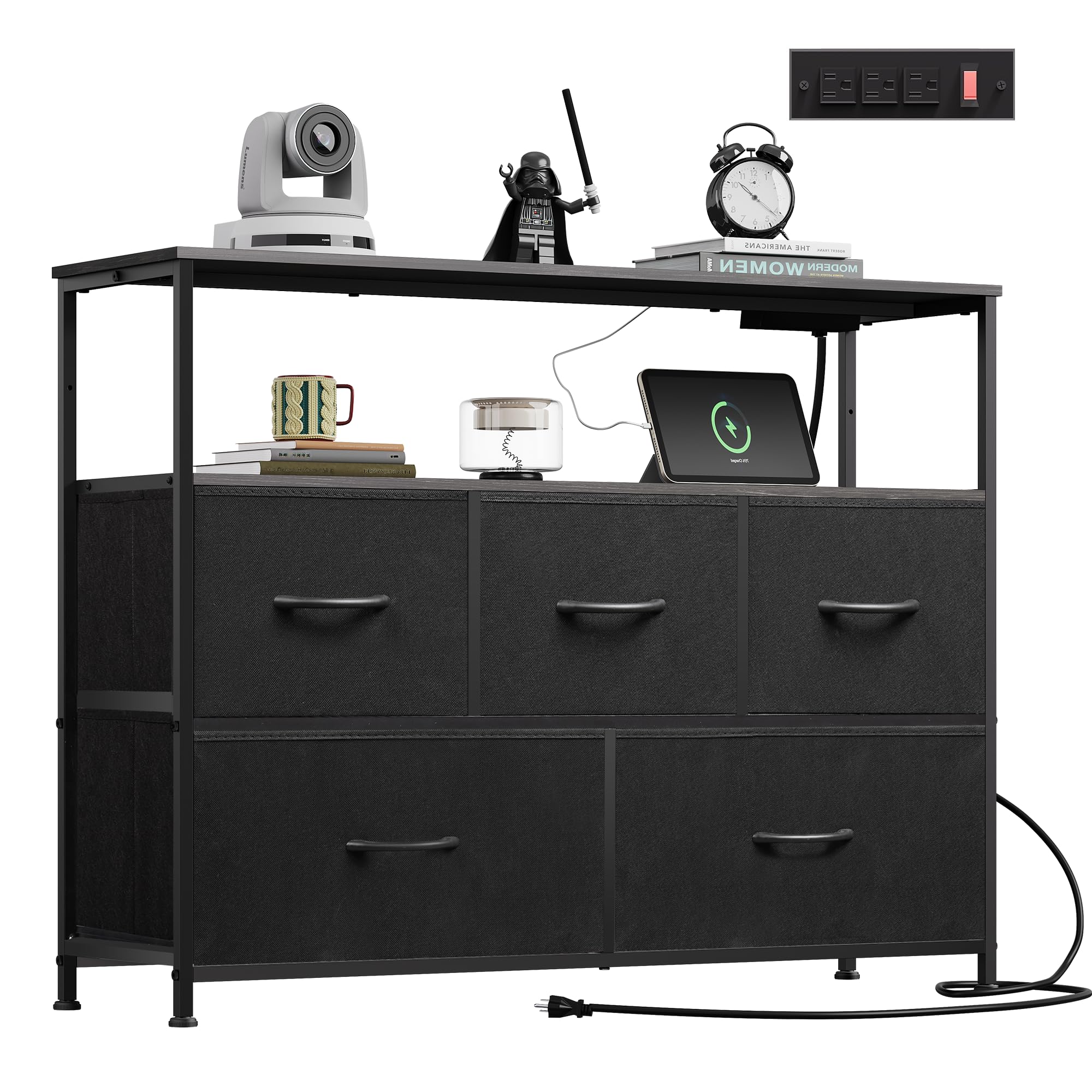 Black Dresser for Bedroom, 5 Drawer Dressers with Charging Station