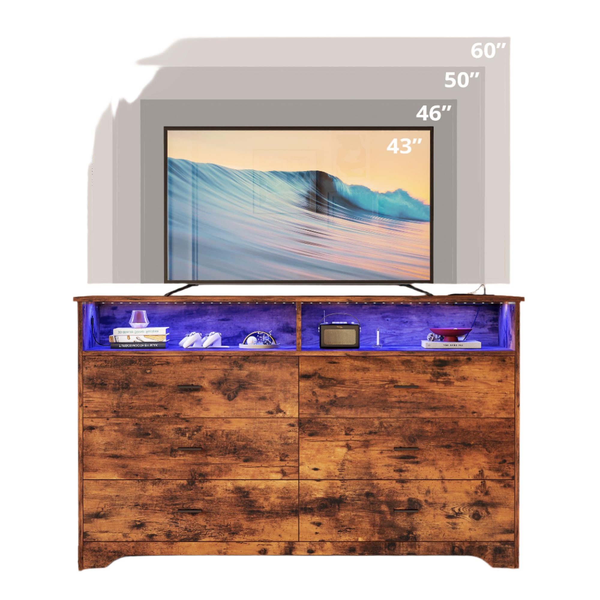 6 Drawer 59" Brown Dresser with LED and Power Strip, Dressers & Chests of Drawers