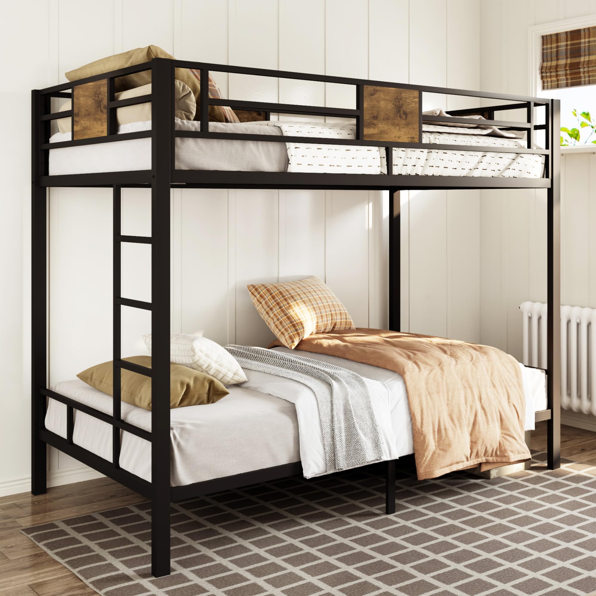 Over Twin Bunk Bed with Rustic Wooden Accents, Sturdy Metal Frame
