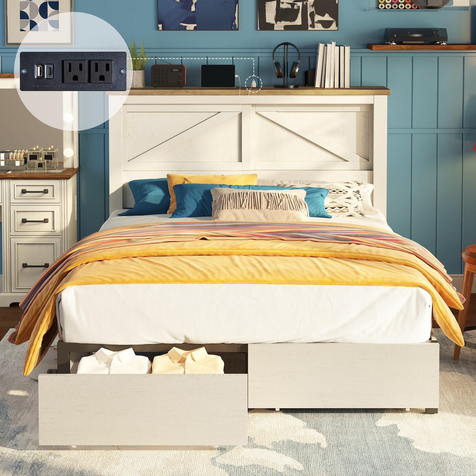 Queen Bed Frame with Hidden Sliding Bookcase Headboard