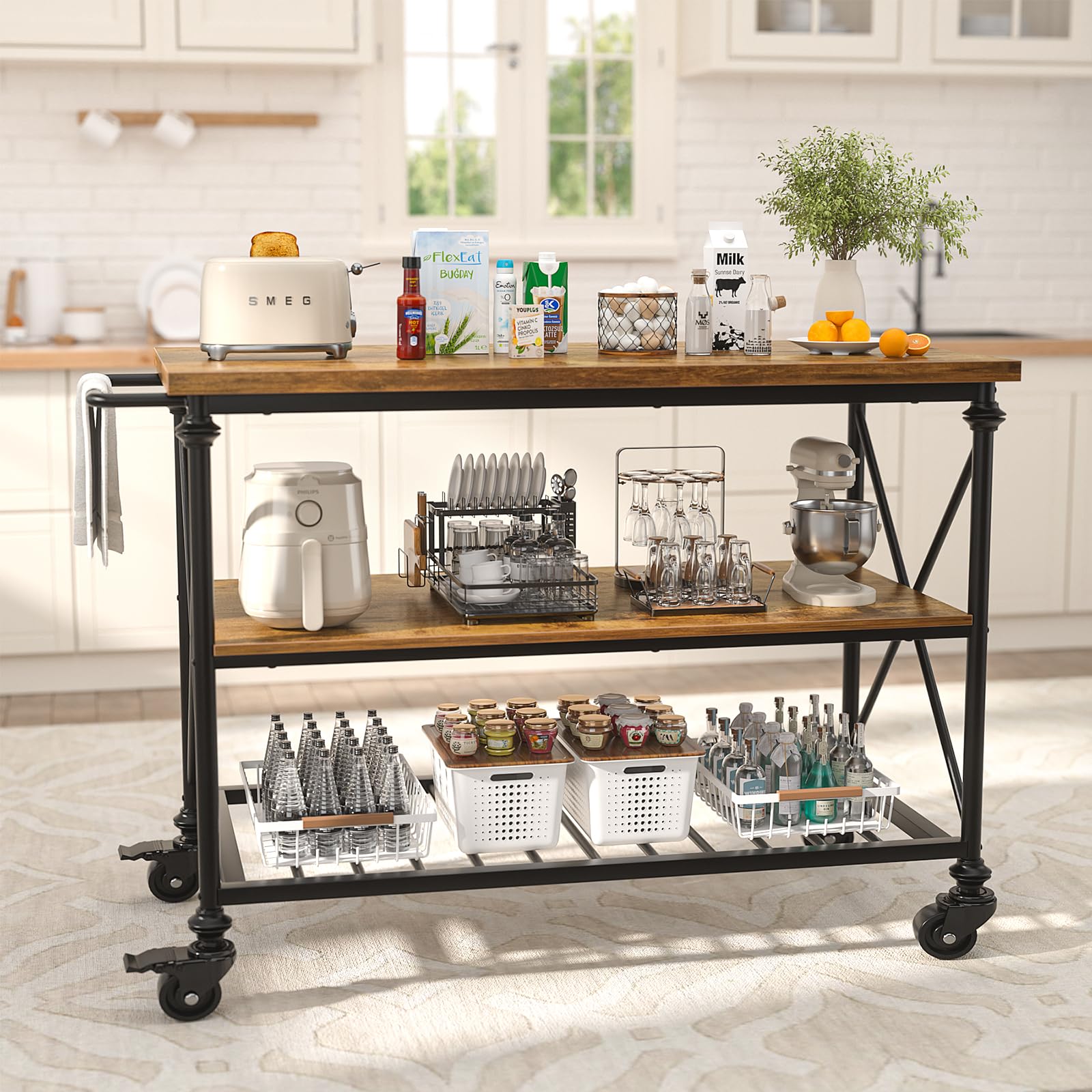 3-Tier Rolling Kitchen Island Cart with Pipe Legs