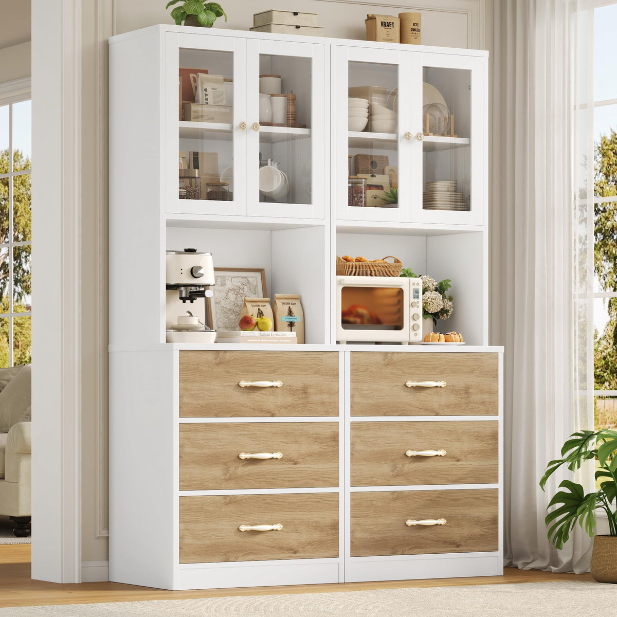 Tall Kitchen Pantry Storage Cabinet with Microwave Stand & Glass Doors