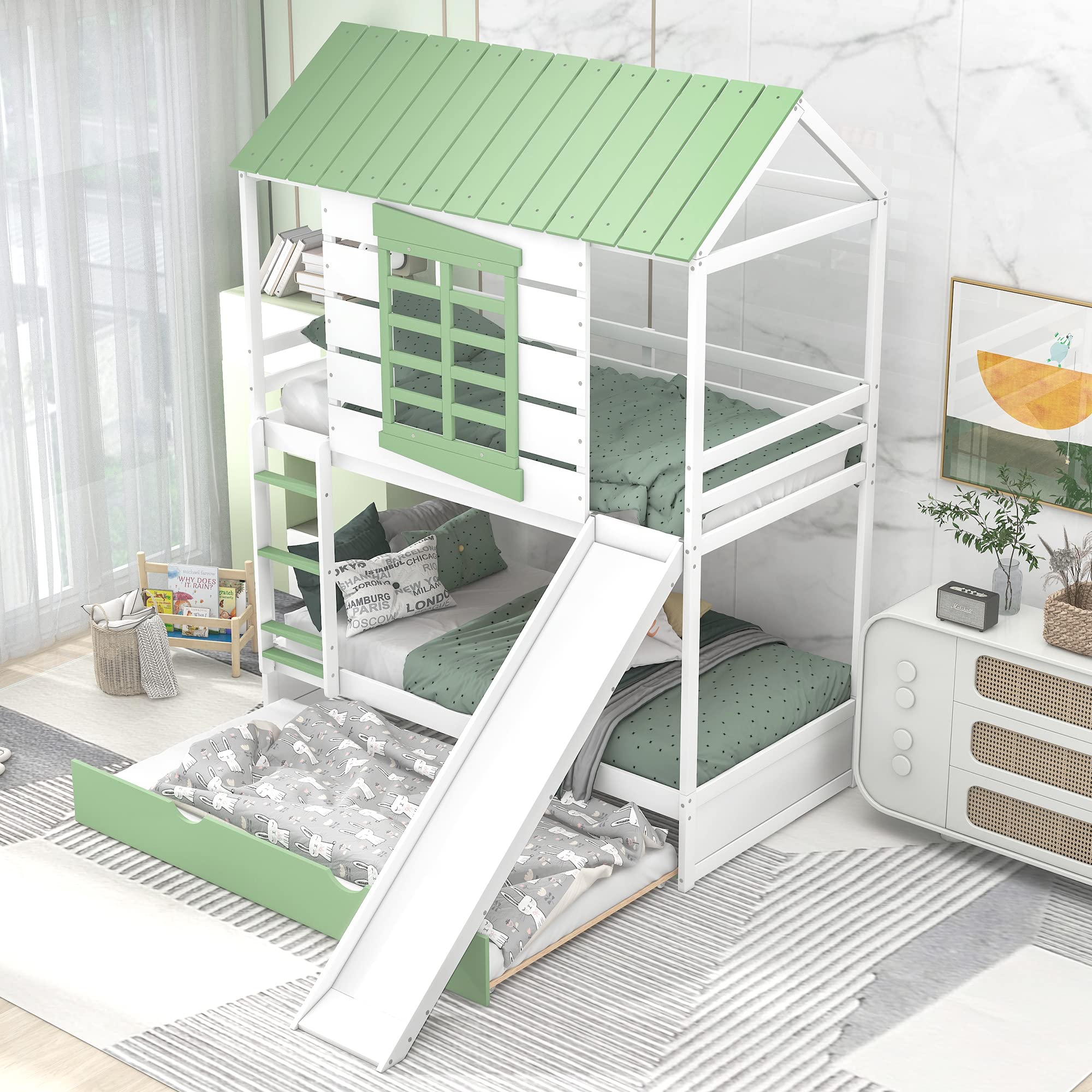 House Bunk Bed with Slide and Trundle, Twin Over Twin Solid Wood