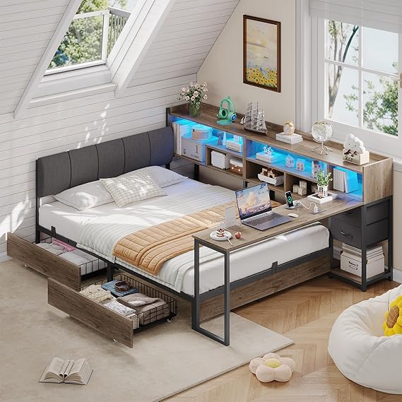 Corner Bed Frame with 6 Storage Bookcase, Corner Bed Twin with 4 Storage Drawers
