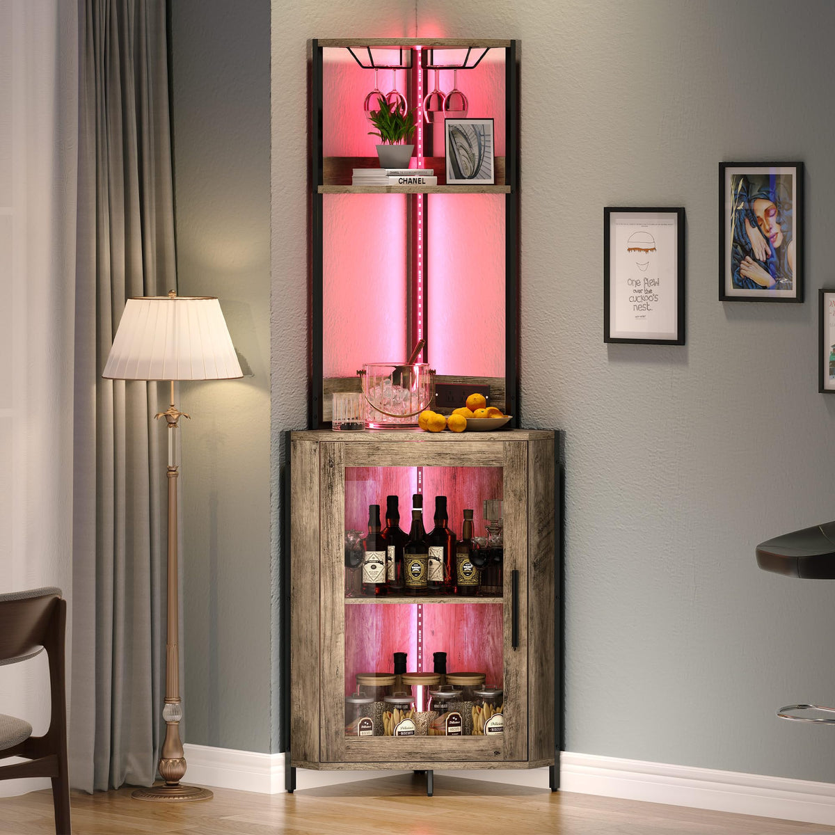 Corner Bar Cabinet with LED Lights & Power Outlets