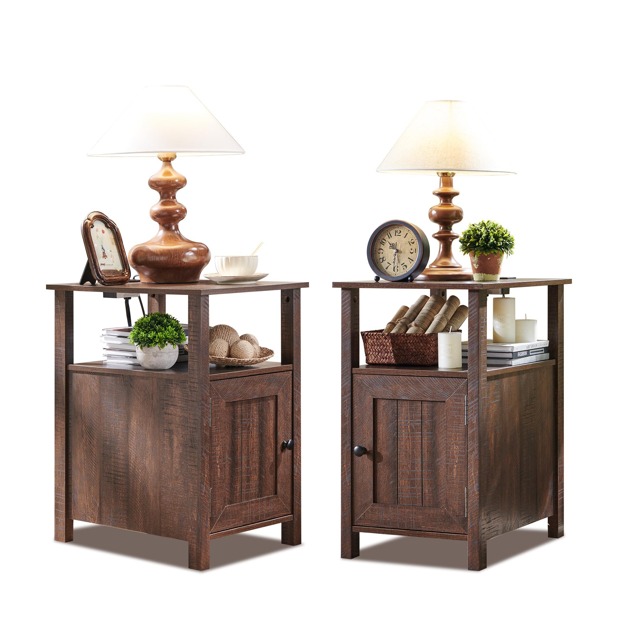 Farmhouse Nightstands Set of 2, Narrow Bedside Table with Charging Station