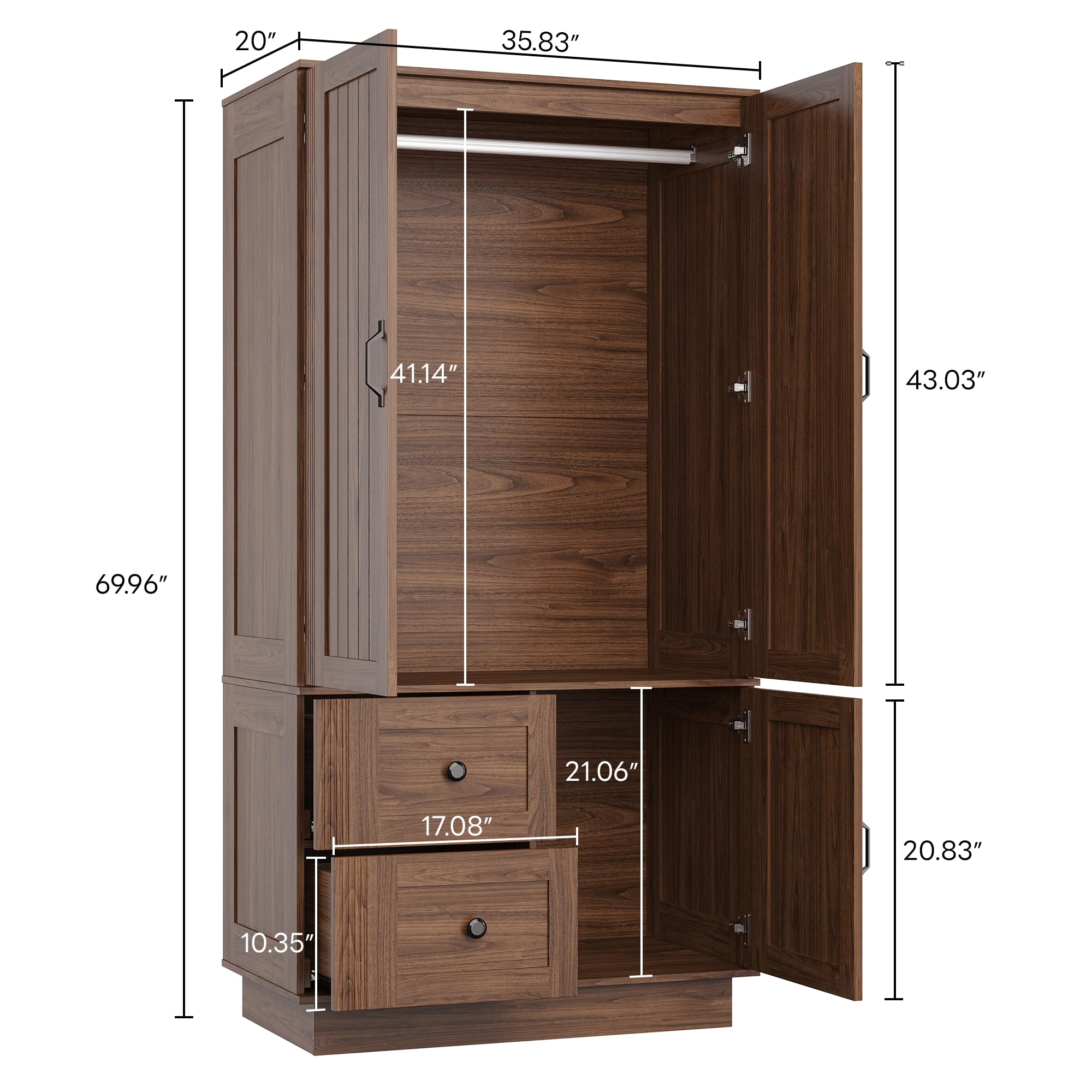 Farmhouse Wardrobe Closet with Doors, 70" Bedroom Armoires