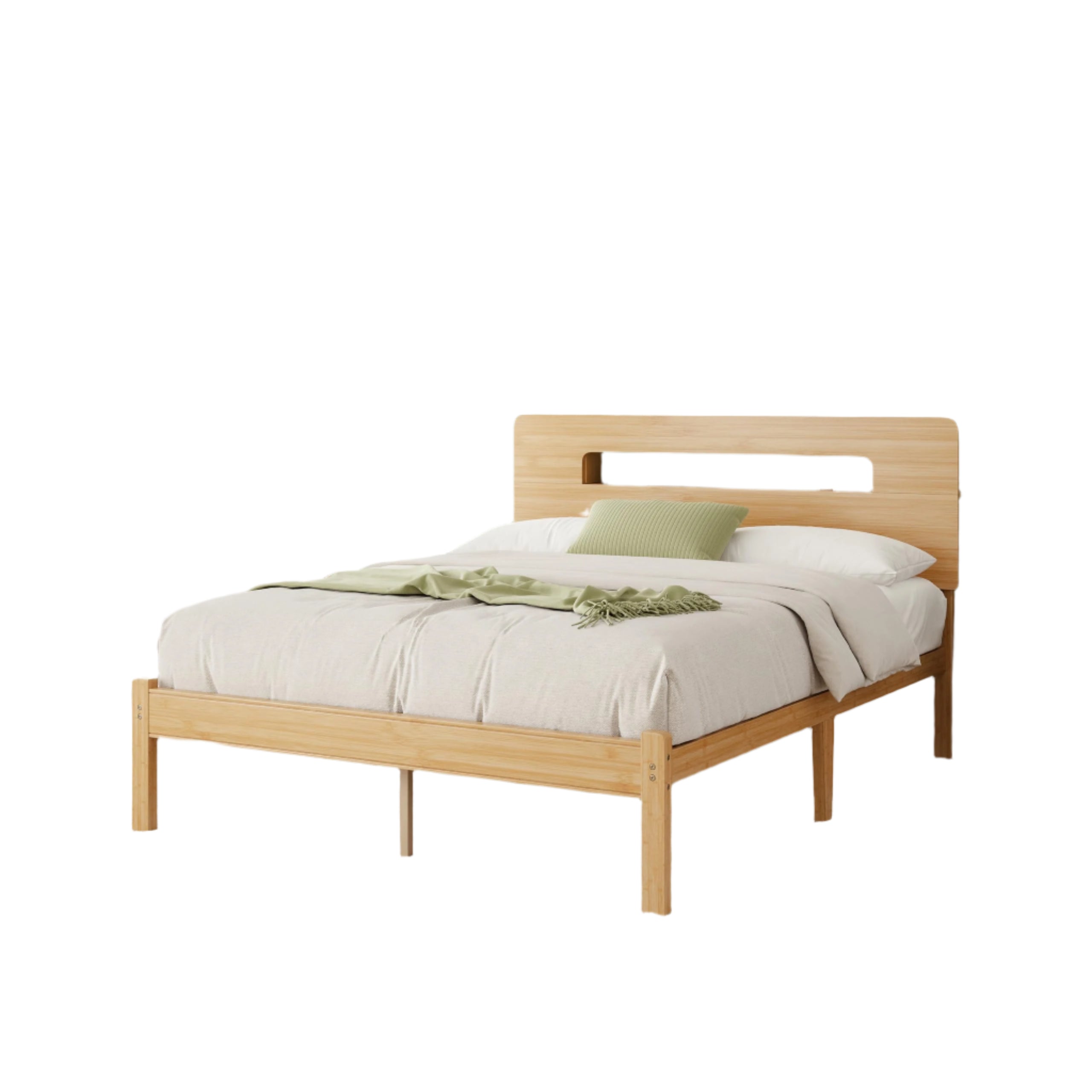 Solid Bamboo Wood Full Size Bed Frame with Storage Headboard