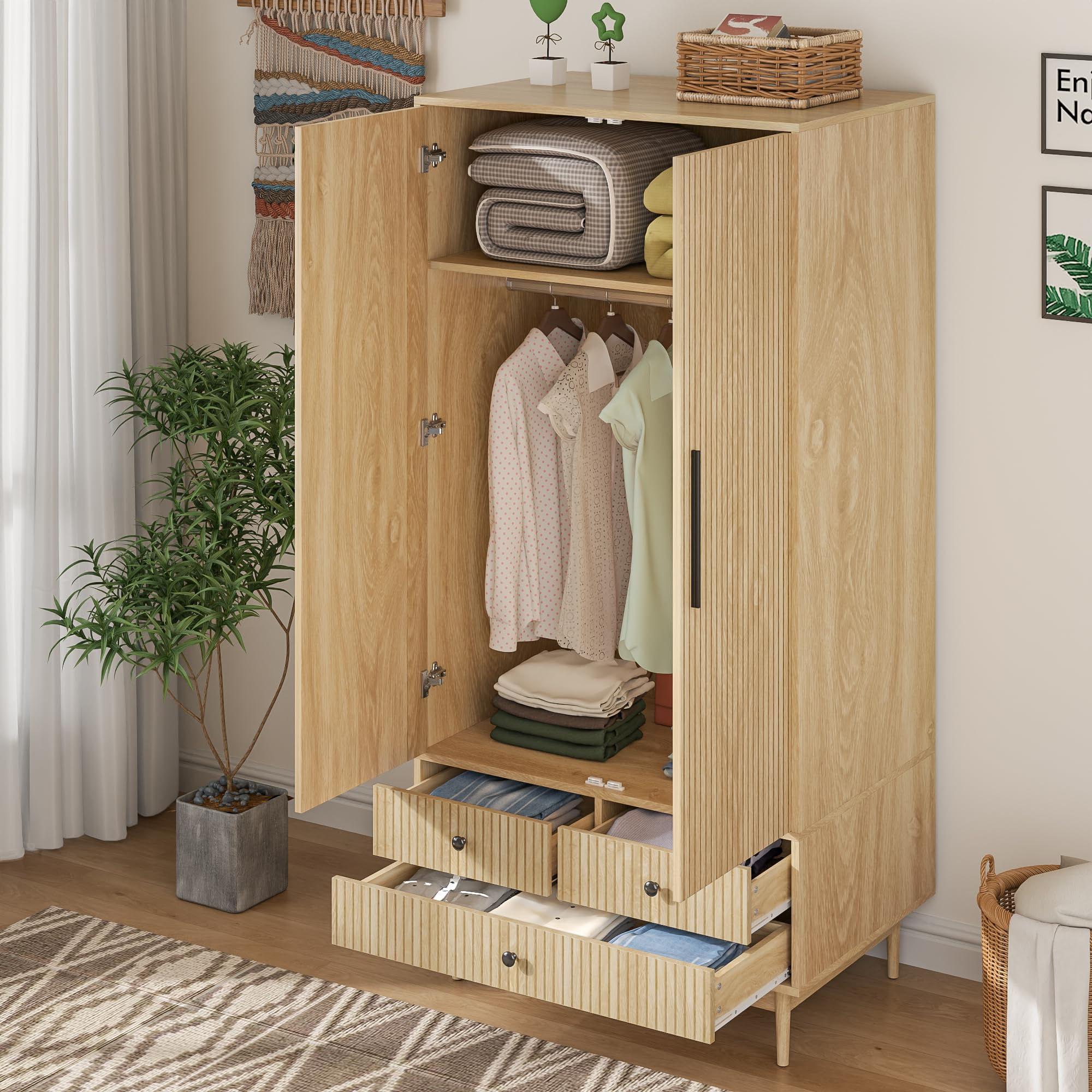 Armoire Wardrobe Closet with 2 Fluted Doors,64.96" Wooden Clothes Storage Cabinet