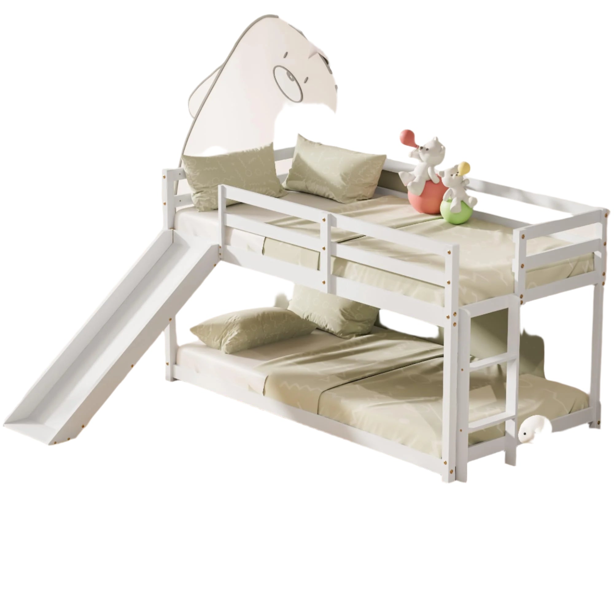 Low Bunk Bed with Slide, Floor Loft Bed with Climbing Ladder