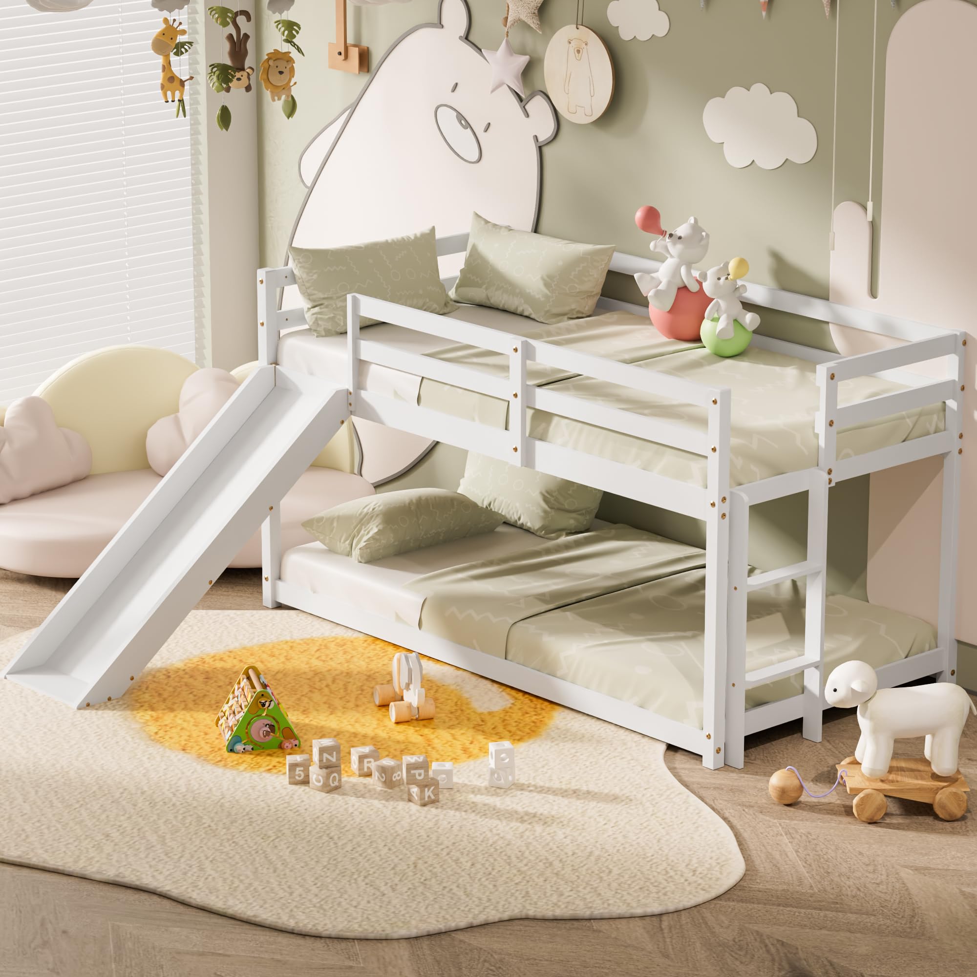 Low Bunk Bed with Slide, Floor Loft Bed with Climbing Ladder