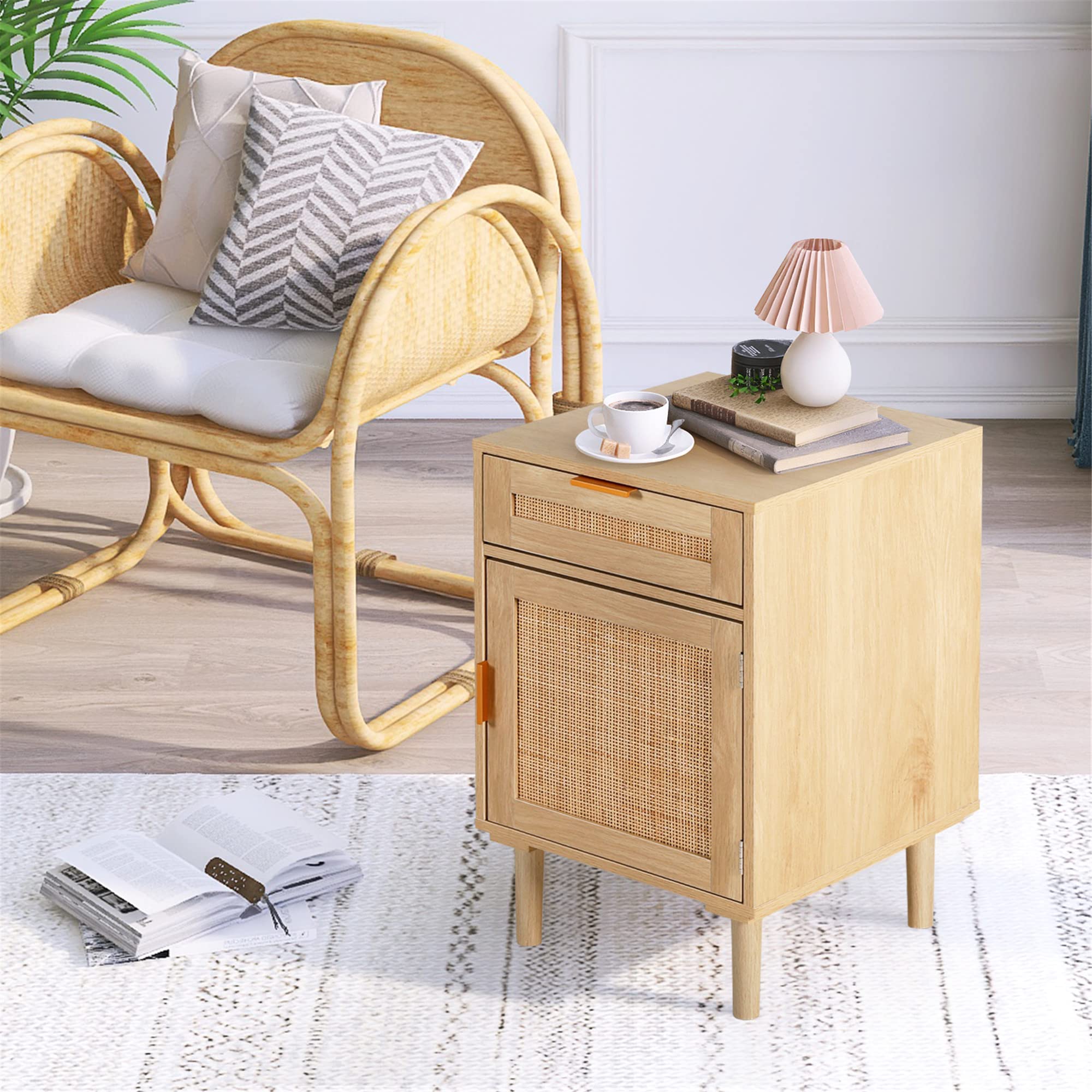 Nightstand Set with Drawers, Boho BedSide Tables, Oak Rattan End Tables