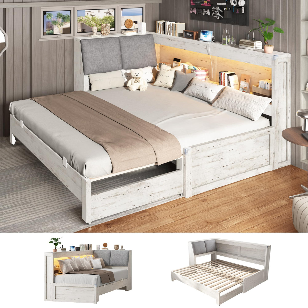 Twin to King Corner Daybed with Trundle & Bookcase Headboard