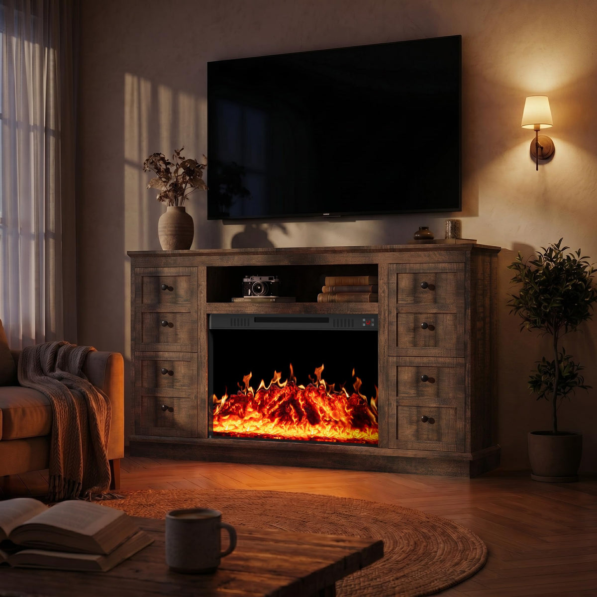 62" Farmhouse Fireplace TV Stand for up to 75" TV