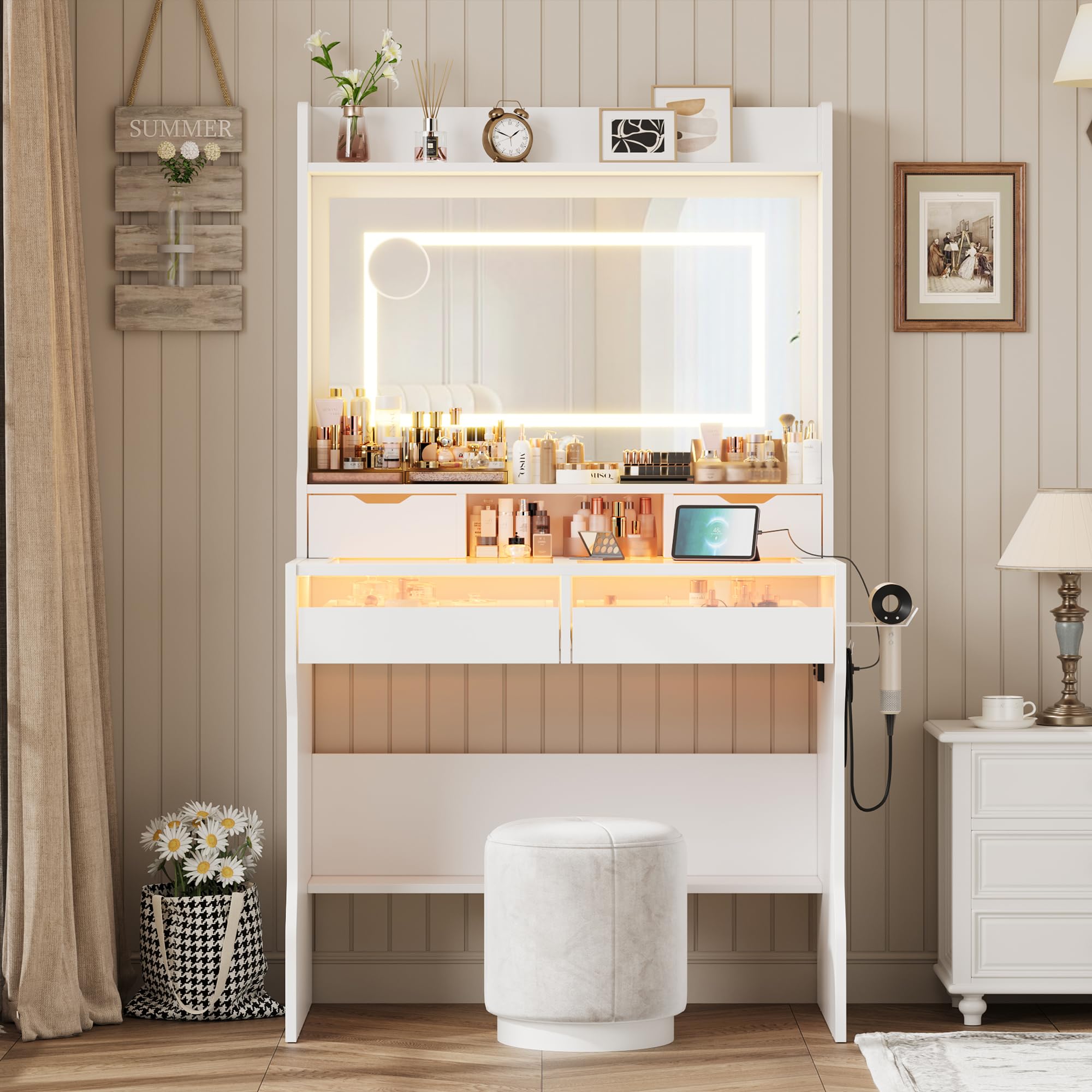 Vanity Desk with Mirror and Lights, Makeup Vanity with 4 Drawers, 3 Adjustable