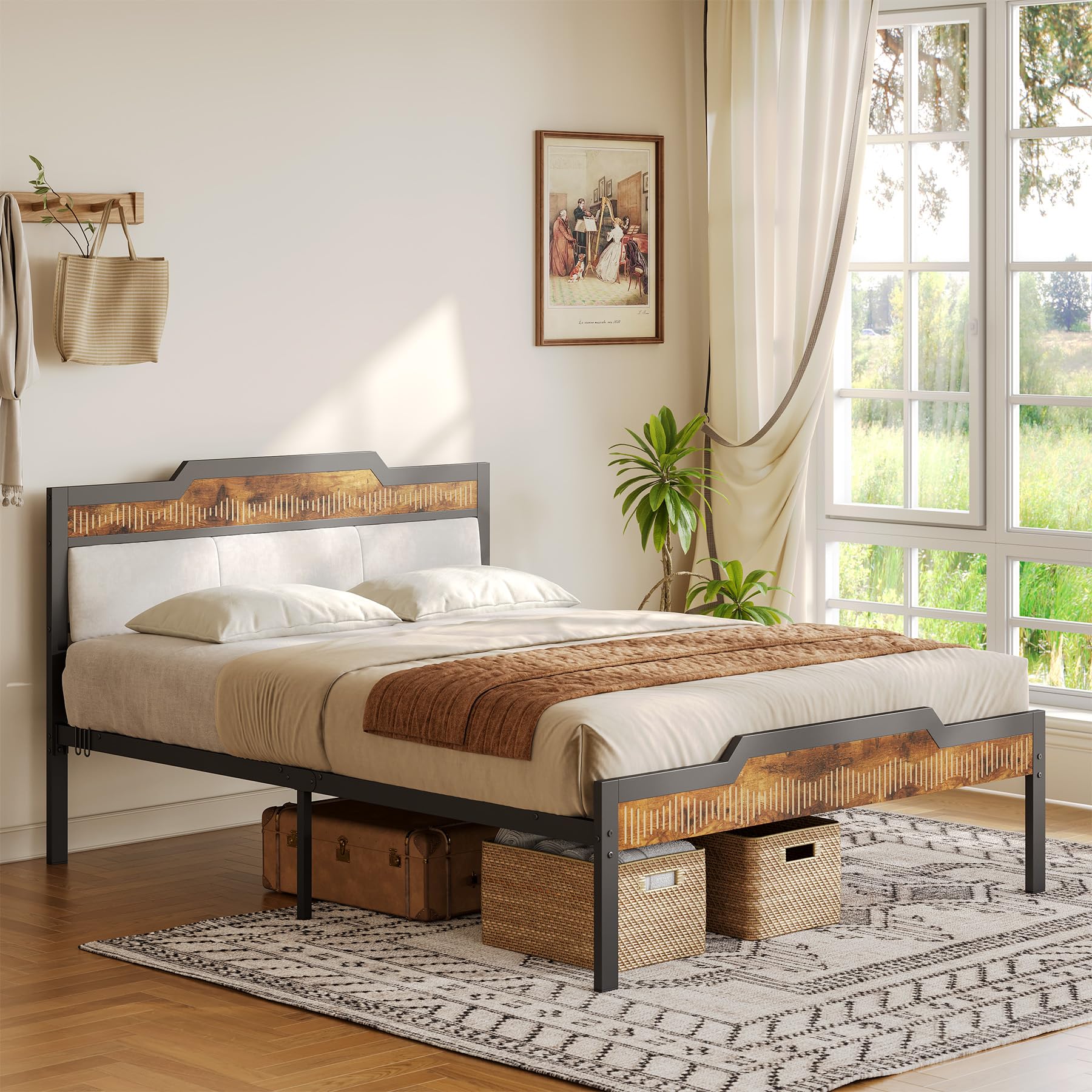 Queen Bed Frame, Wooden & Upholstered Headboard and Footboard