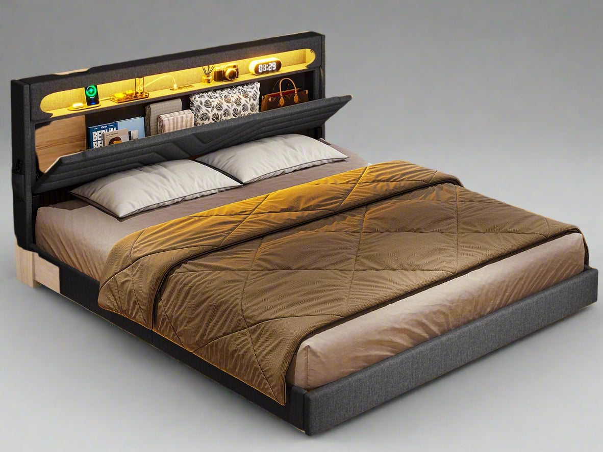 King Size Bed Frame, Velvet Upholstered Platform Bed