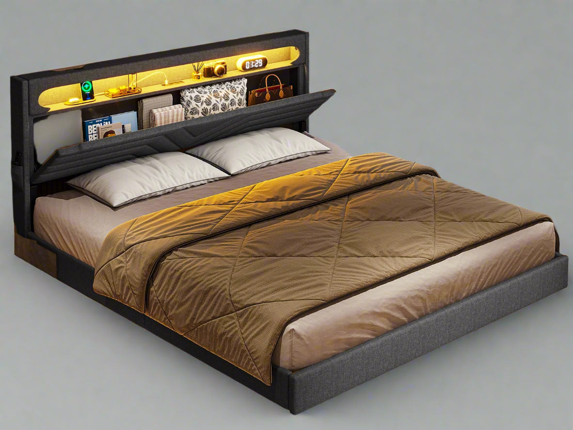 Queen Floating Bed Frame with RGB LED Lights Headboard