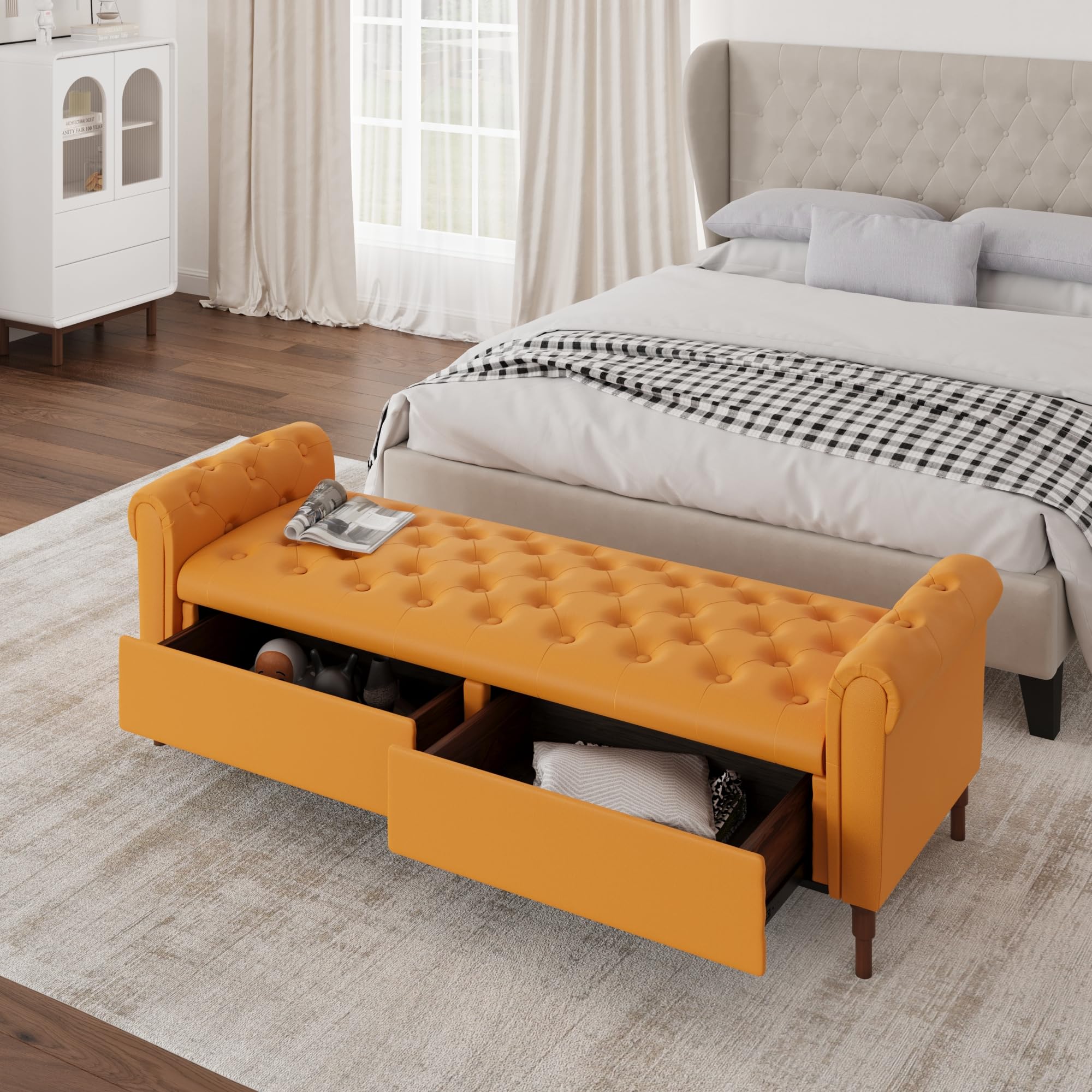 Storage Ottoman, 64" Modern Faux Leather Upholstered Tufted Entryway