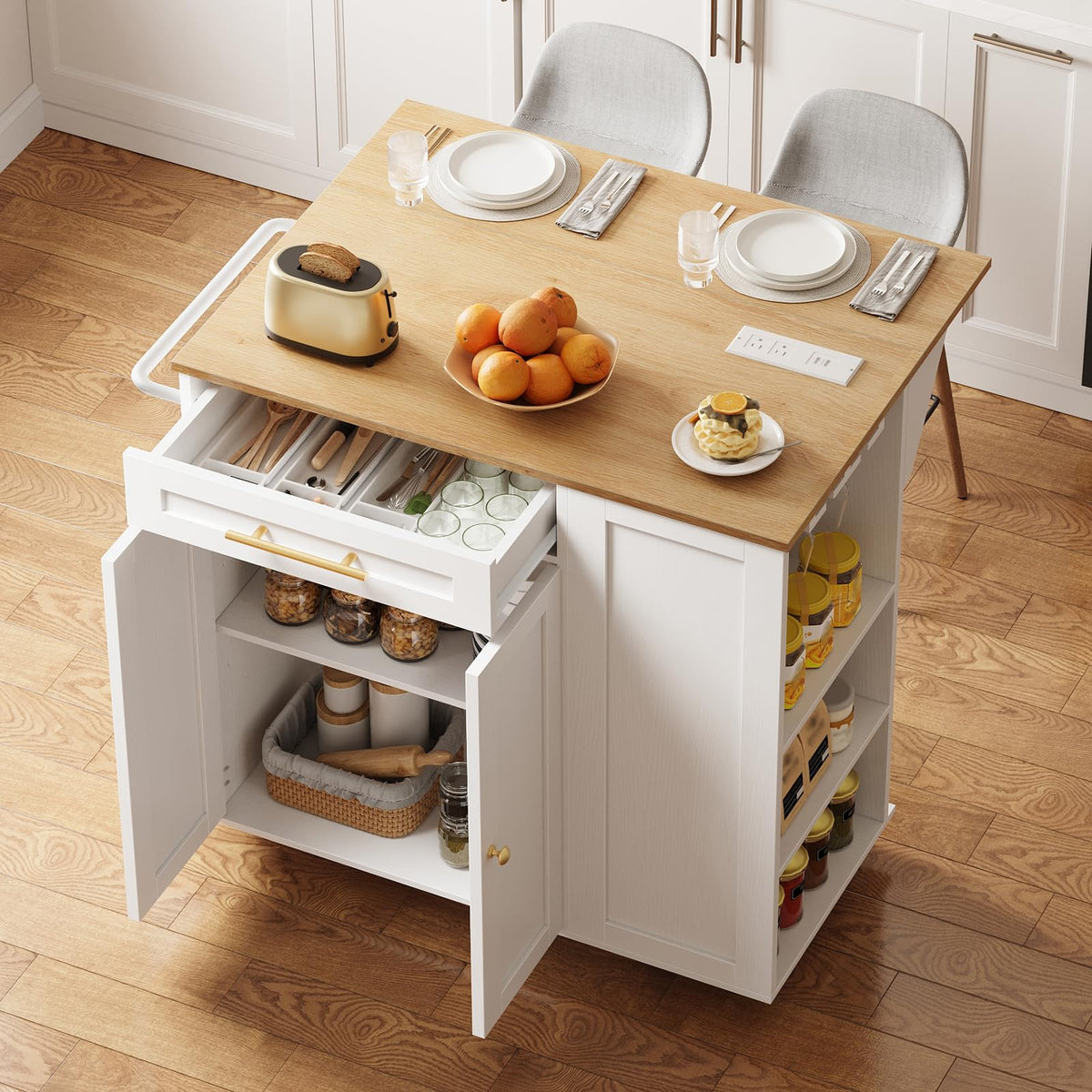Rolling Kitchen Island Cart with Drop Leaf, Charging Station & Wine Rack