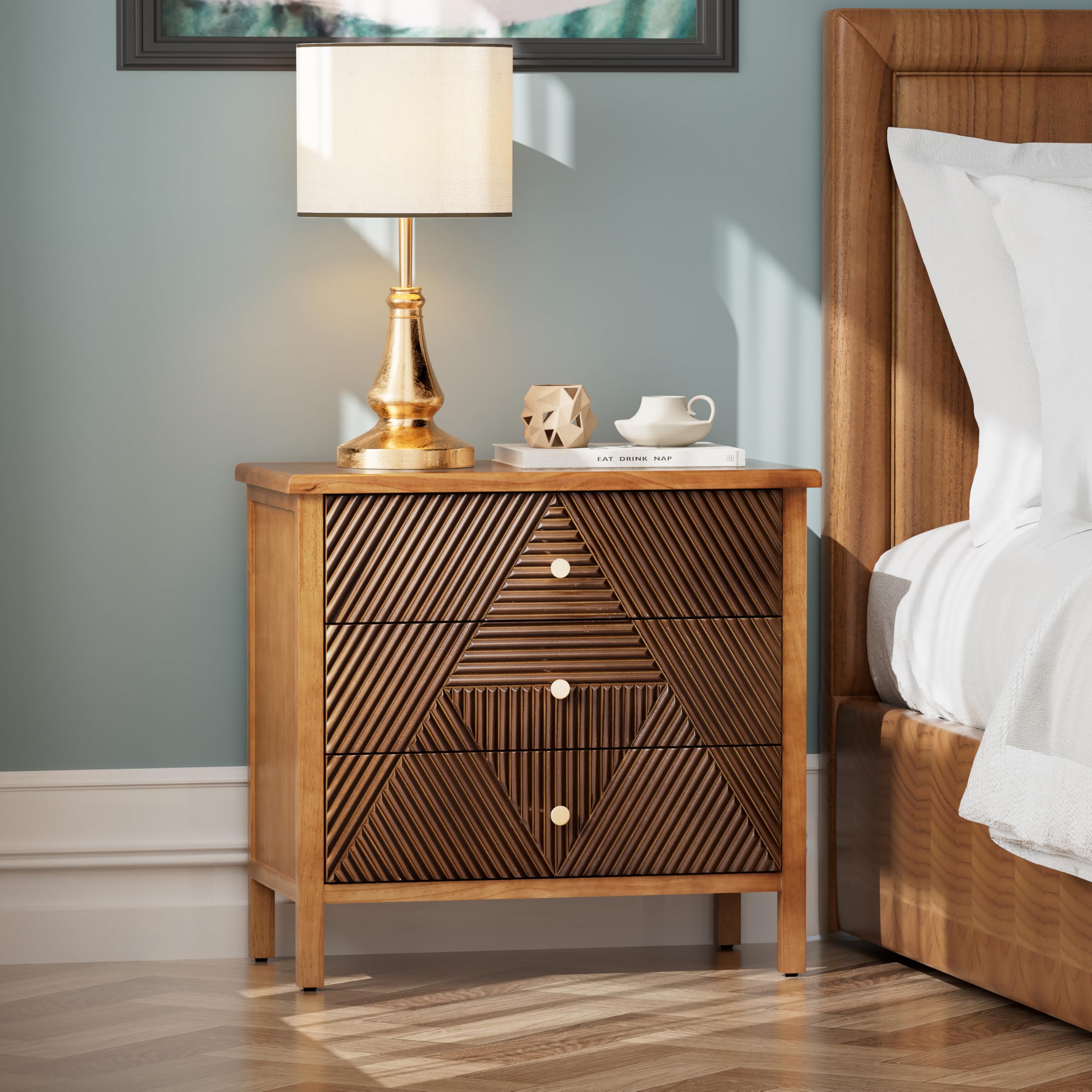 3 Drawer Fluted Dresser with Carved Geometric Pattern, Modern Nightstand