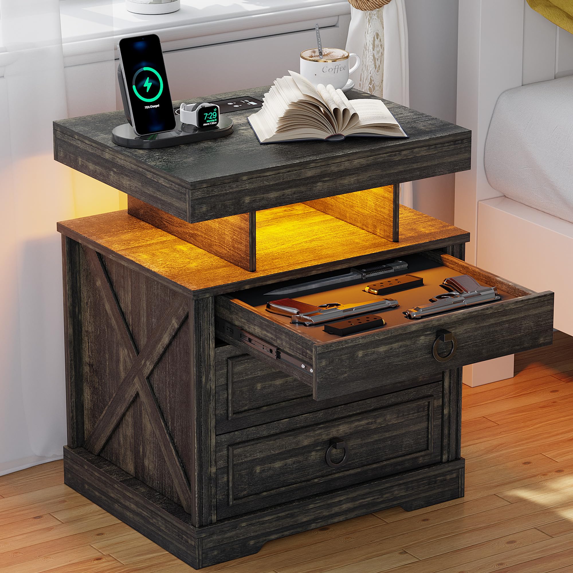 Nightstand with Gun Drawers, LED Night Stand with Charging Station