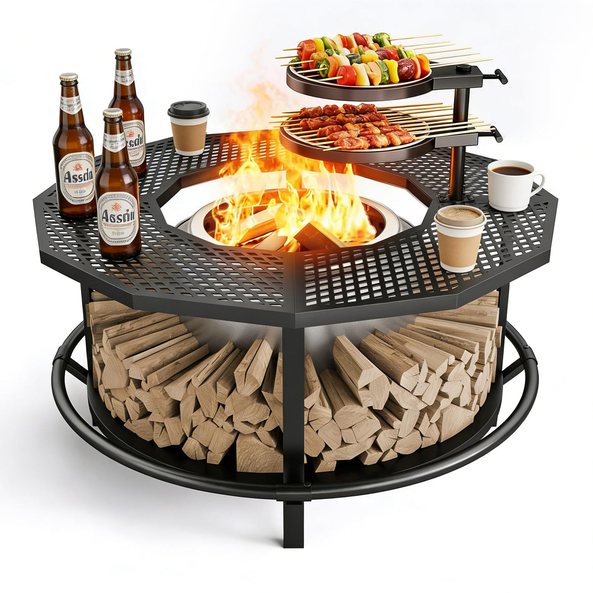 Fire Pit Surround Table with Safety Rail & Storage Shelf