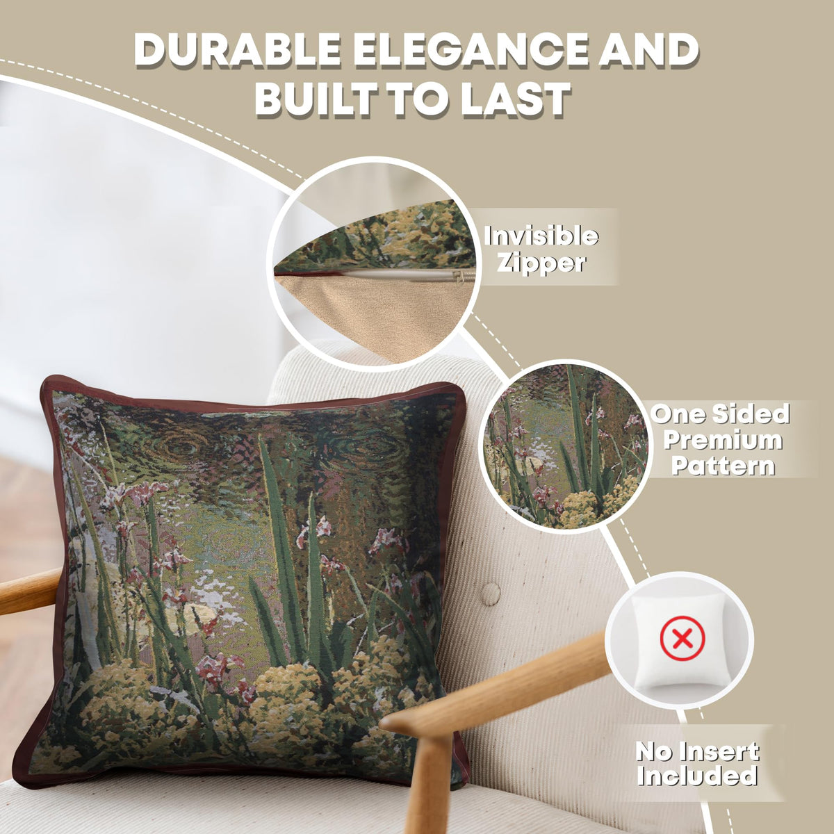 17"x17" Belgium Jacquard Monet’s Garden Tapestry Pillow Cover – Cotton, Velvet Back