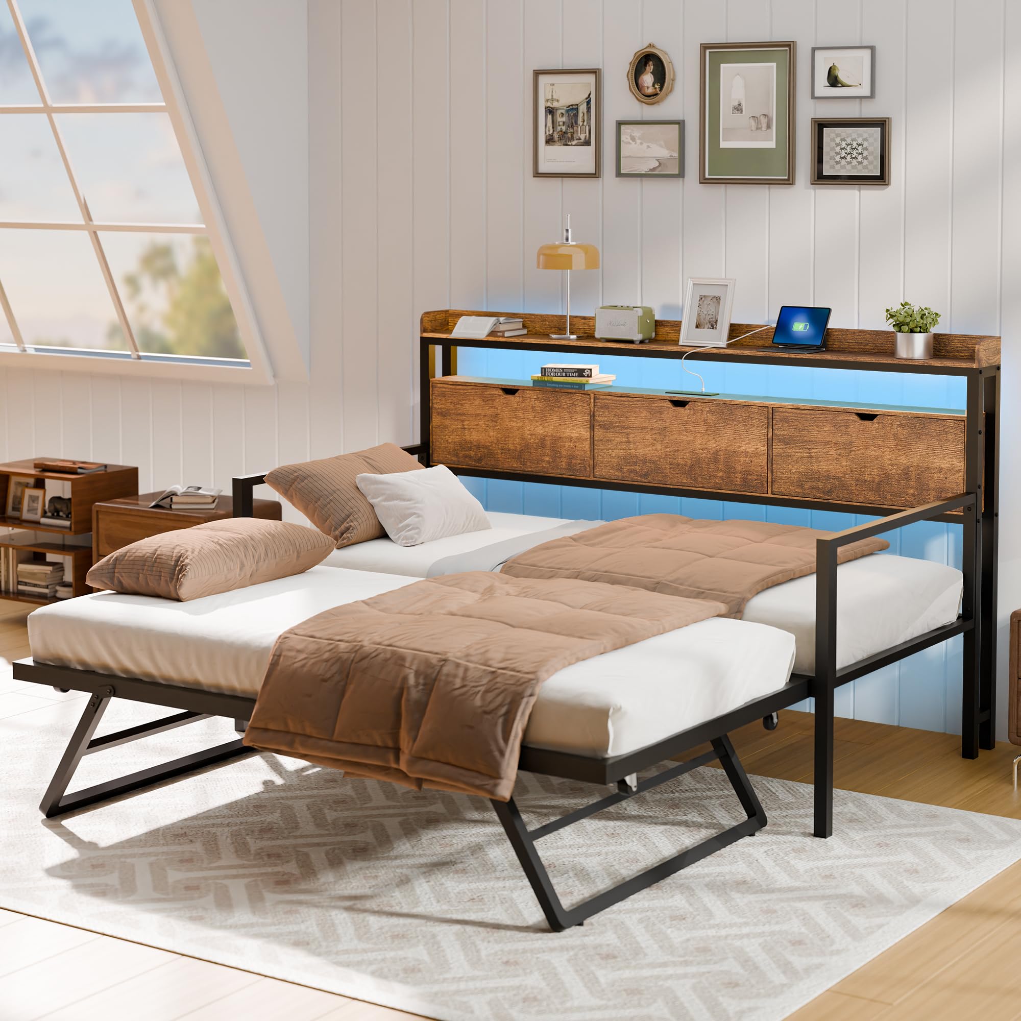 Daybed with Pop Up Trundle, Twin Daybed with Charging Station