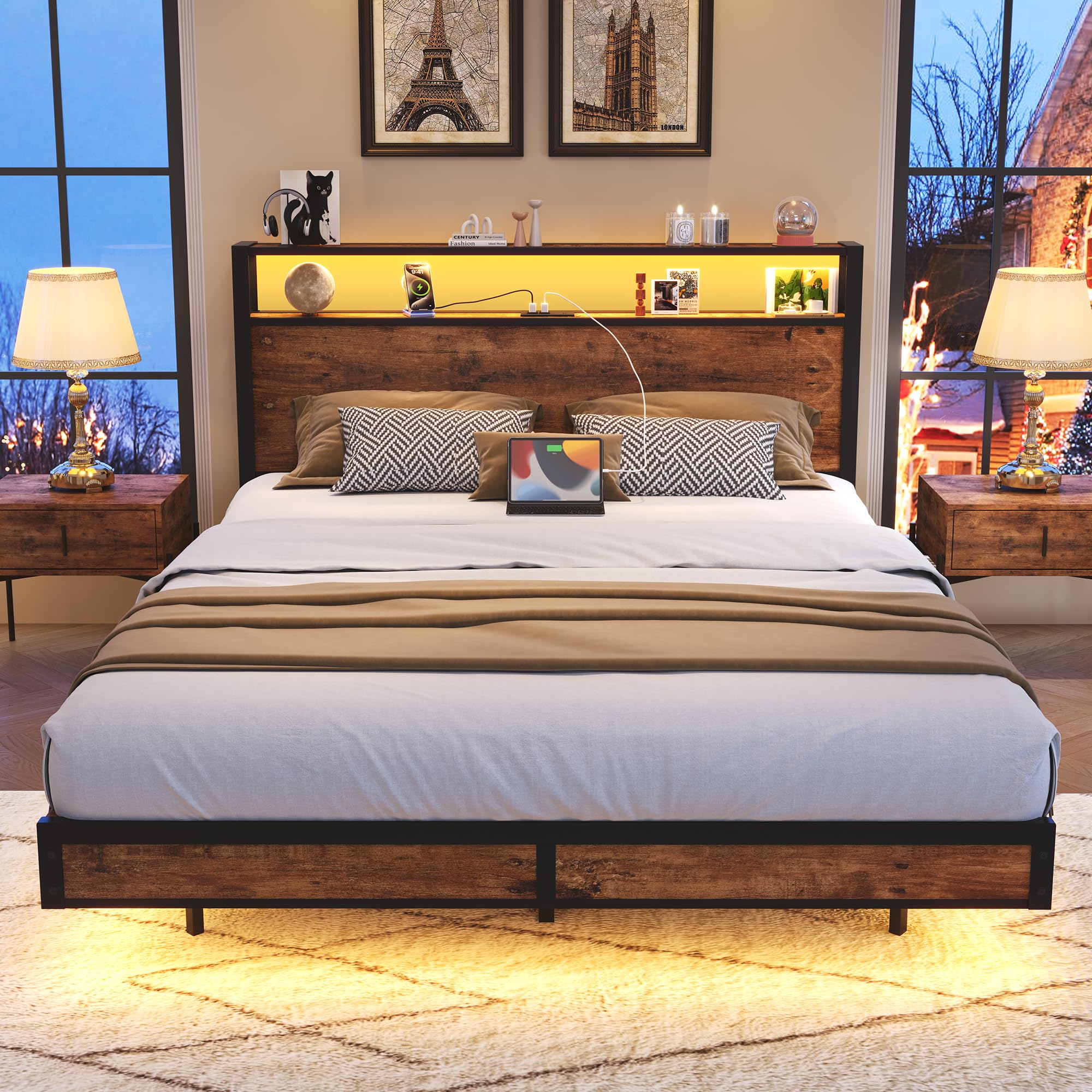 2-Tier Storage Headboard, Metal Platform Bed with Smart LED Lights