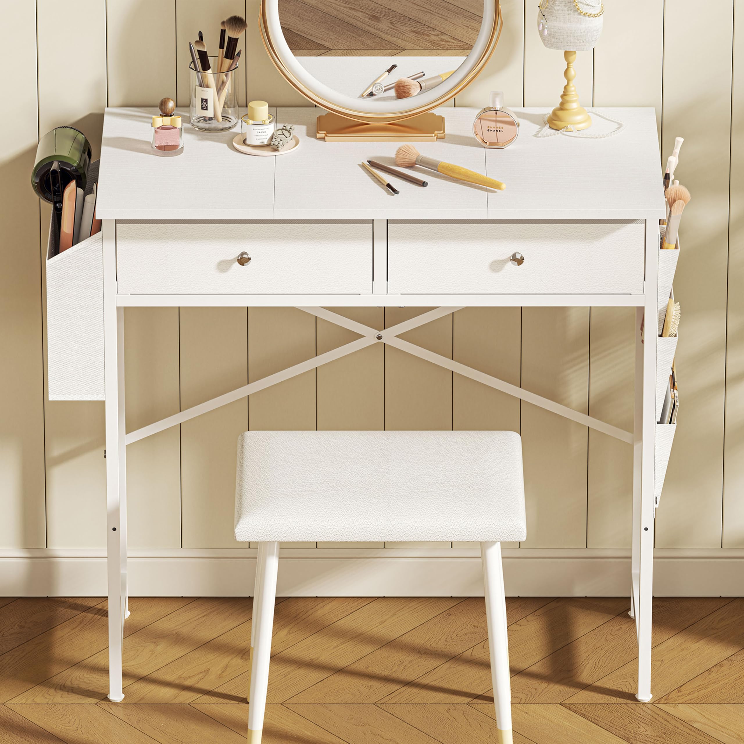 White Vanity Desk with Fabric Drawer, 32 Inch Small Makeup Vanity Desk No Mirror No Chair