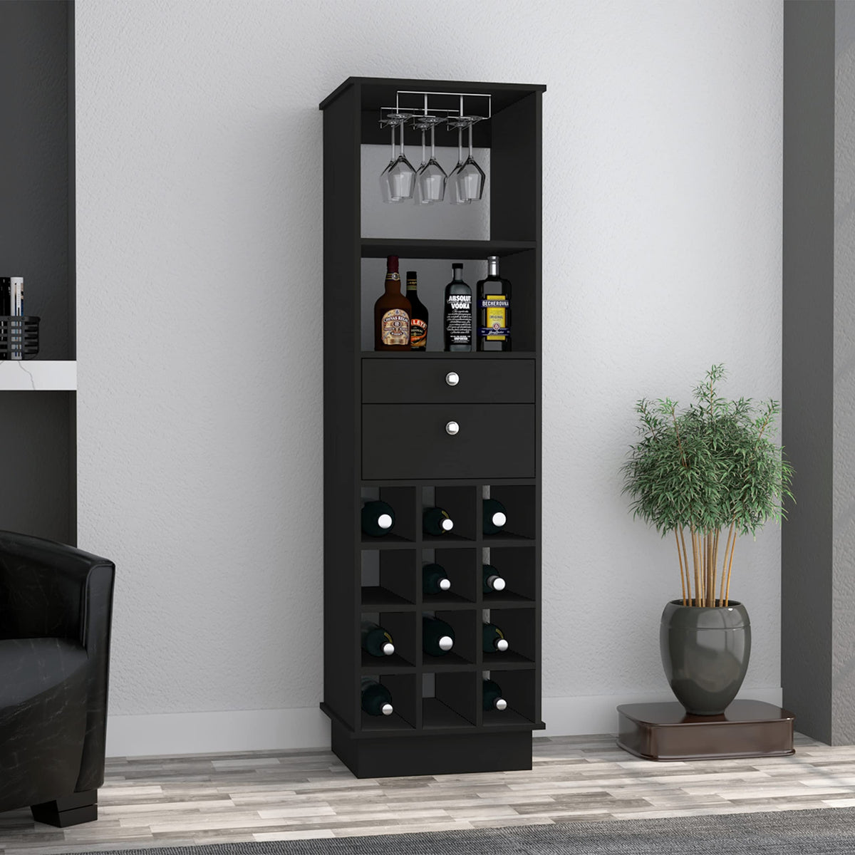 Hype Bar Cabinet with Wine Cubbies, Drawers & Glass Rack