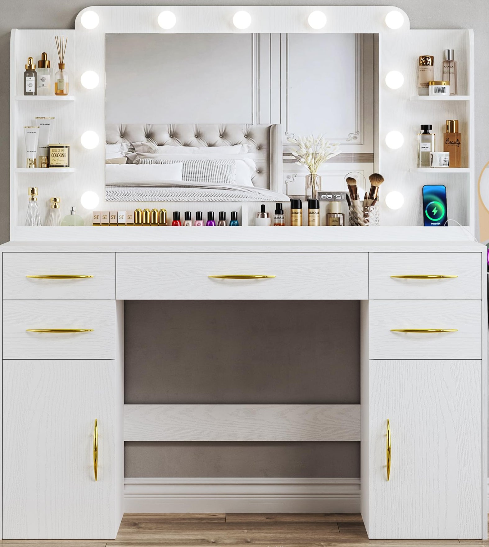 Makeup Vanity Desk with Lights, 45.5" Large Vanity with Mirror and Lights in 3 Models