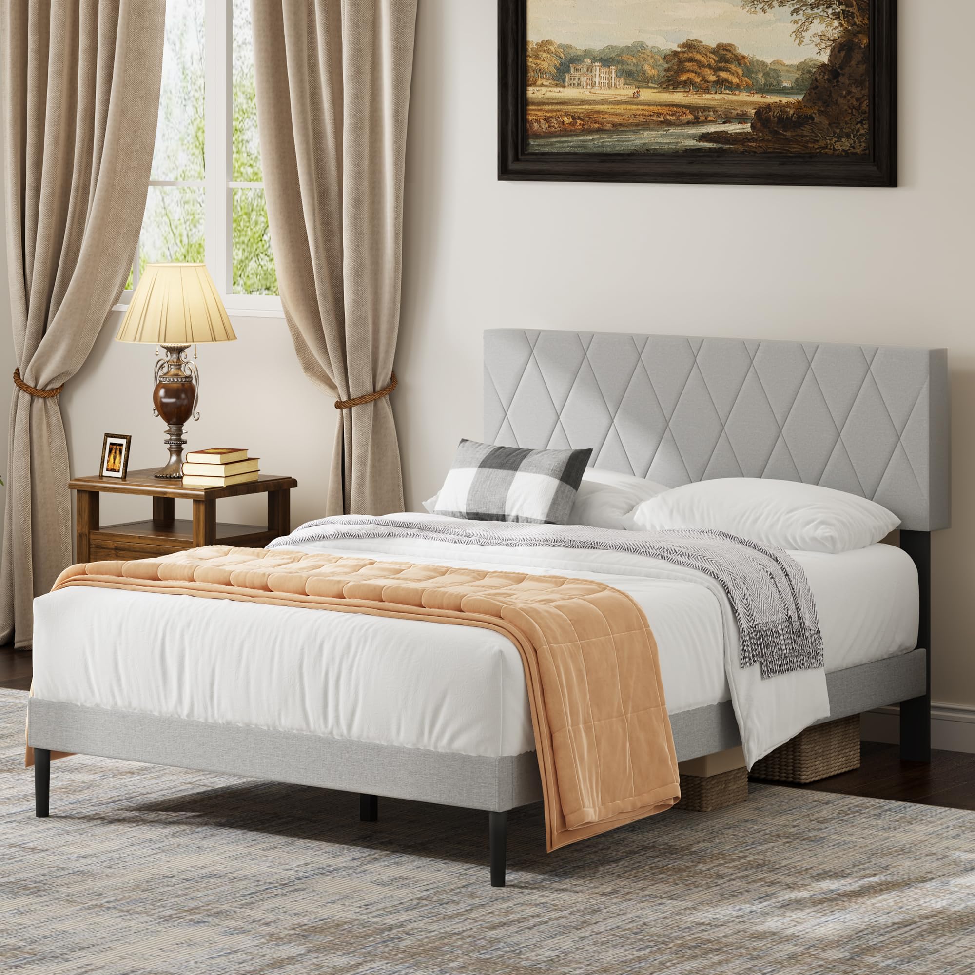 Queen Size Bed Frame with Velvet Upholstered Headboard, Platform Bed