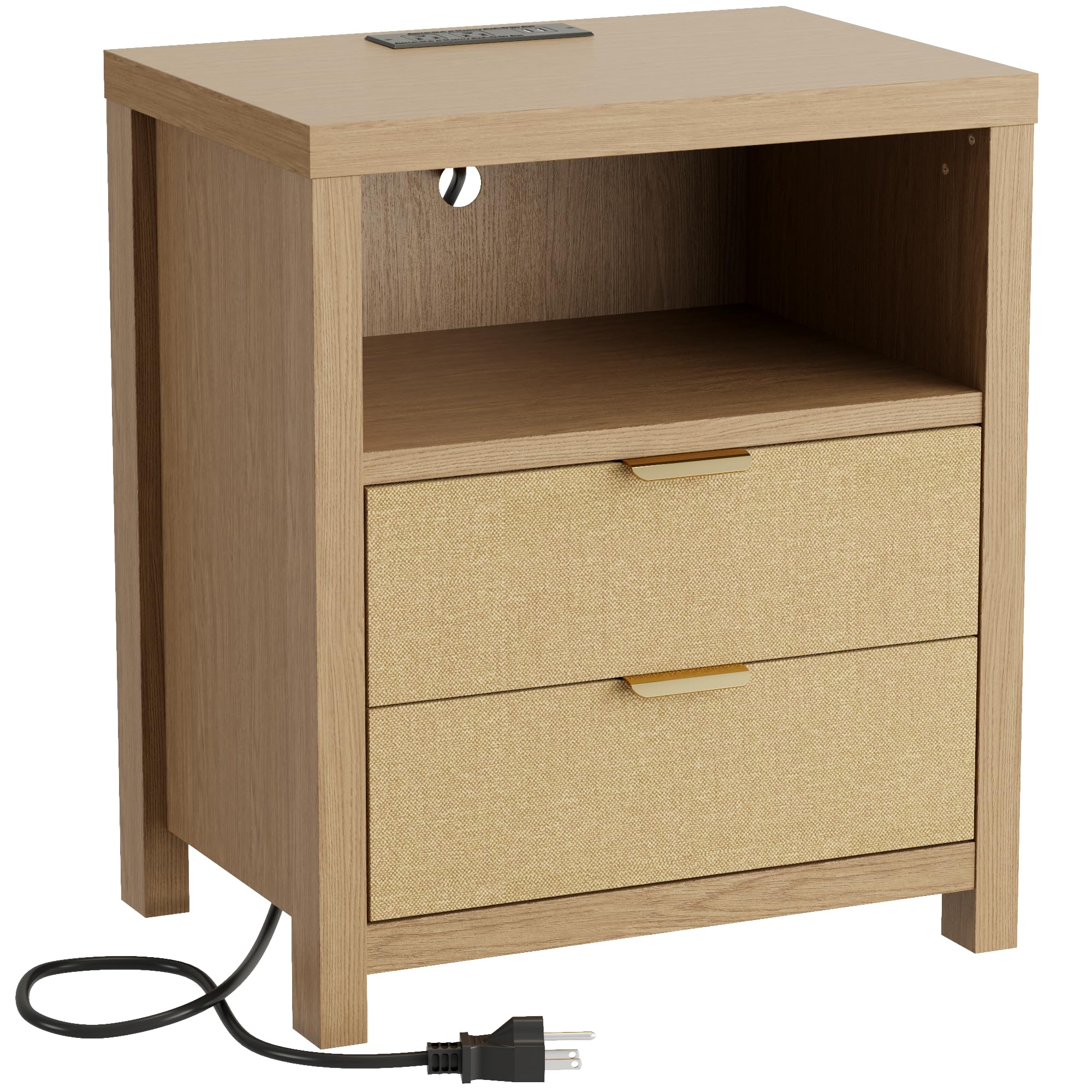 Wood Night Stand with Charging Station, Nightstand with 2 Drawers