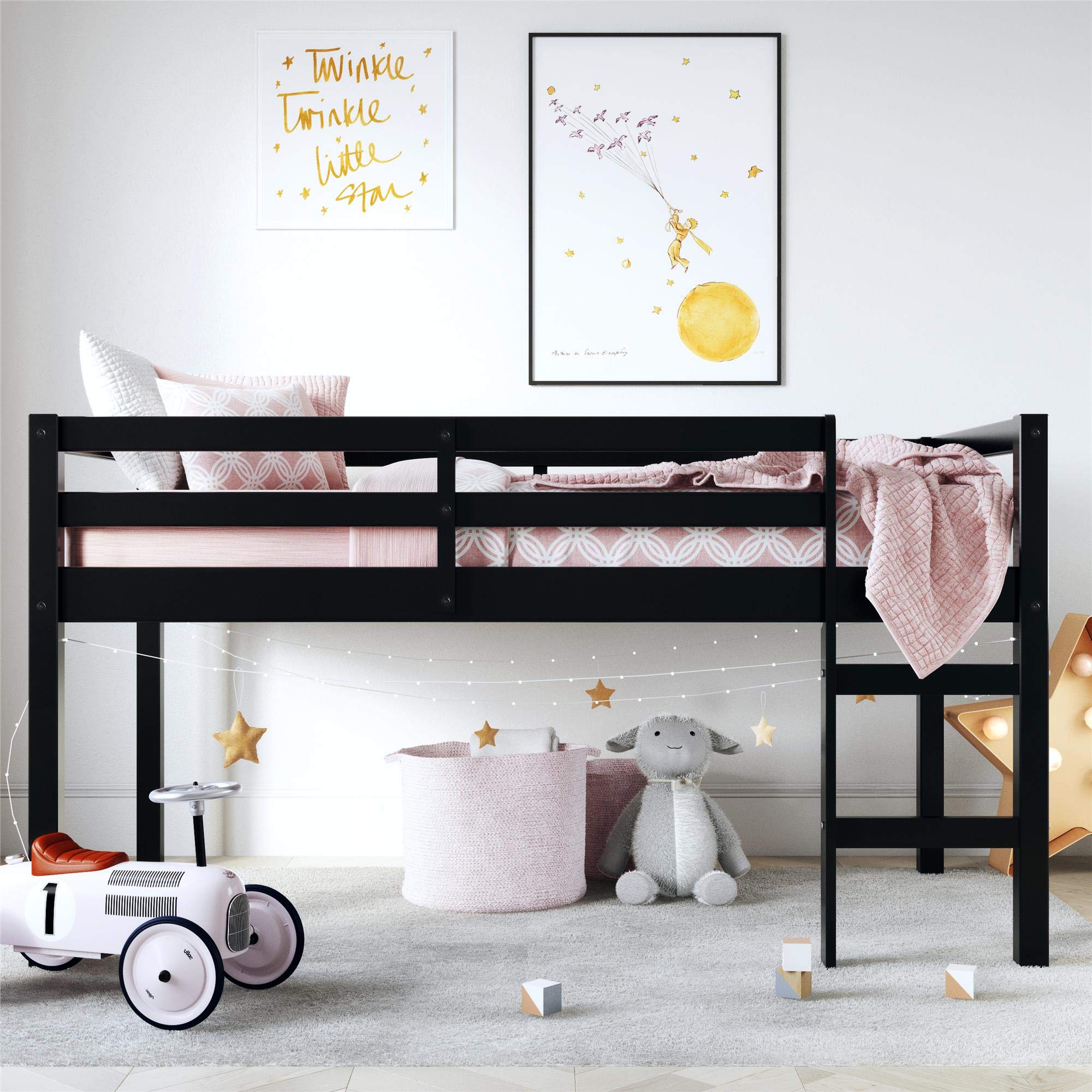 Twin Loft Bed with Safety Guard Rail, Black, Space Saving Junior