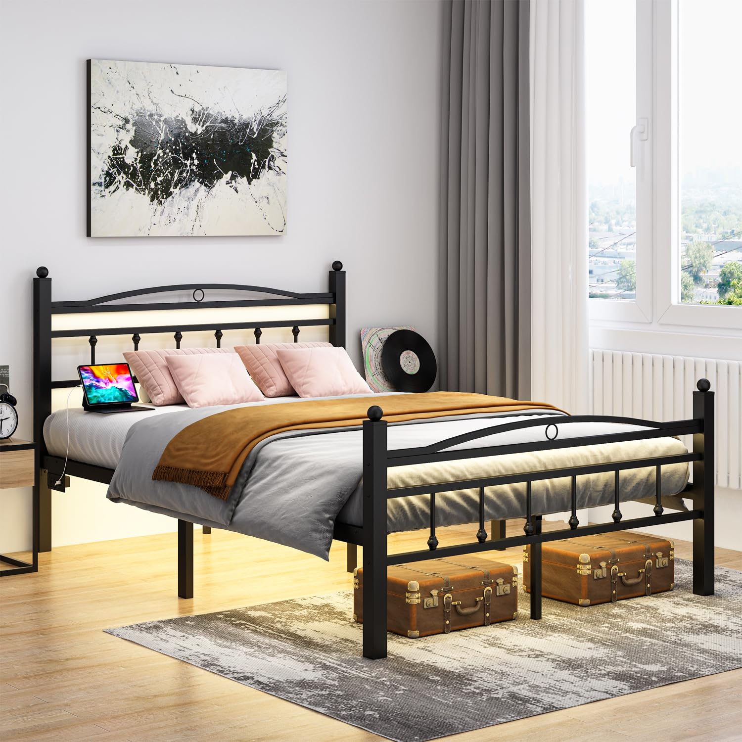 Full Size Bed Frame with Headboard, Metal Platform Bed Frame with Charging Station