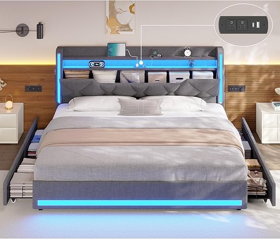 Queen Bed Frame with Storage Headboard, Metal Bed Frame with LED Lights