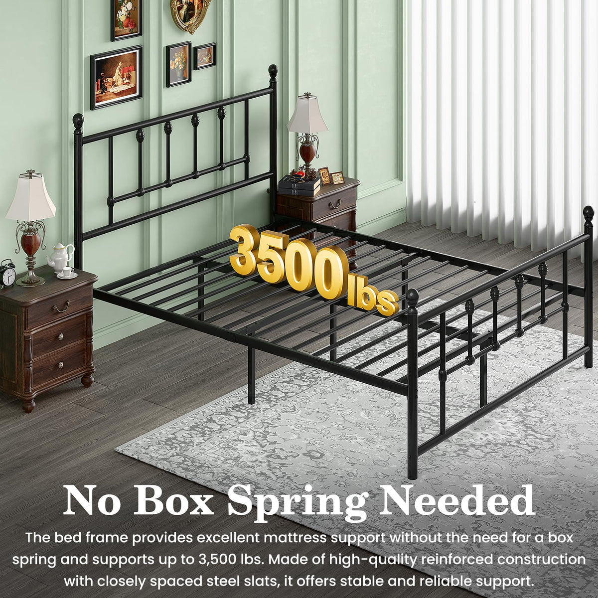 Victorian Vintage Metal Platform Bed Frame with Headboard & Footboard