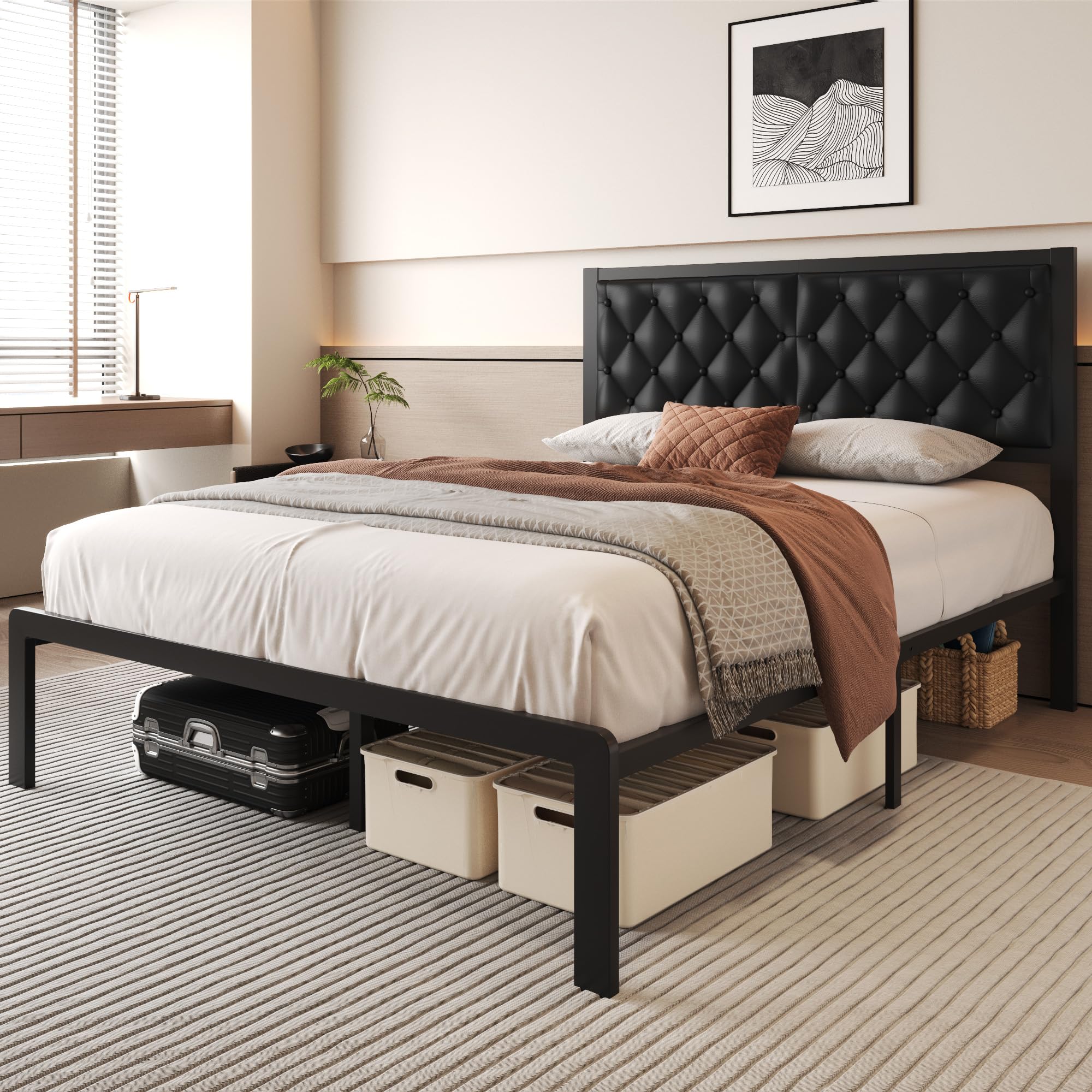 Queen Bed Frame with Headboard PU Leather Upholstered Bed Frame Platform