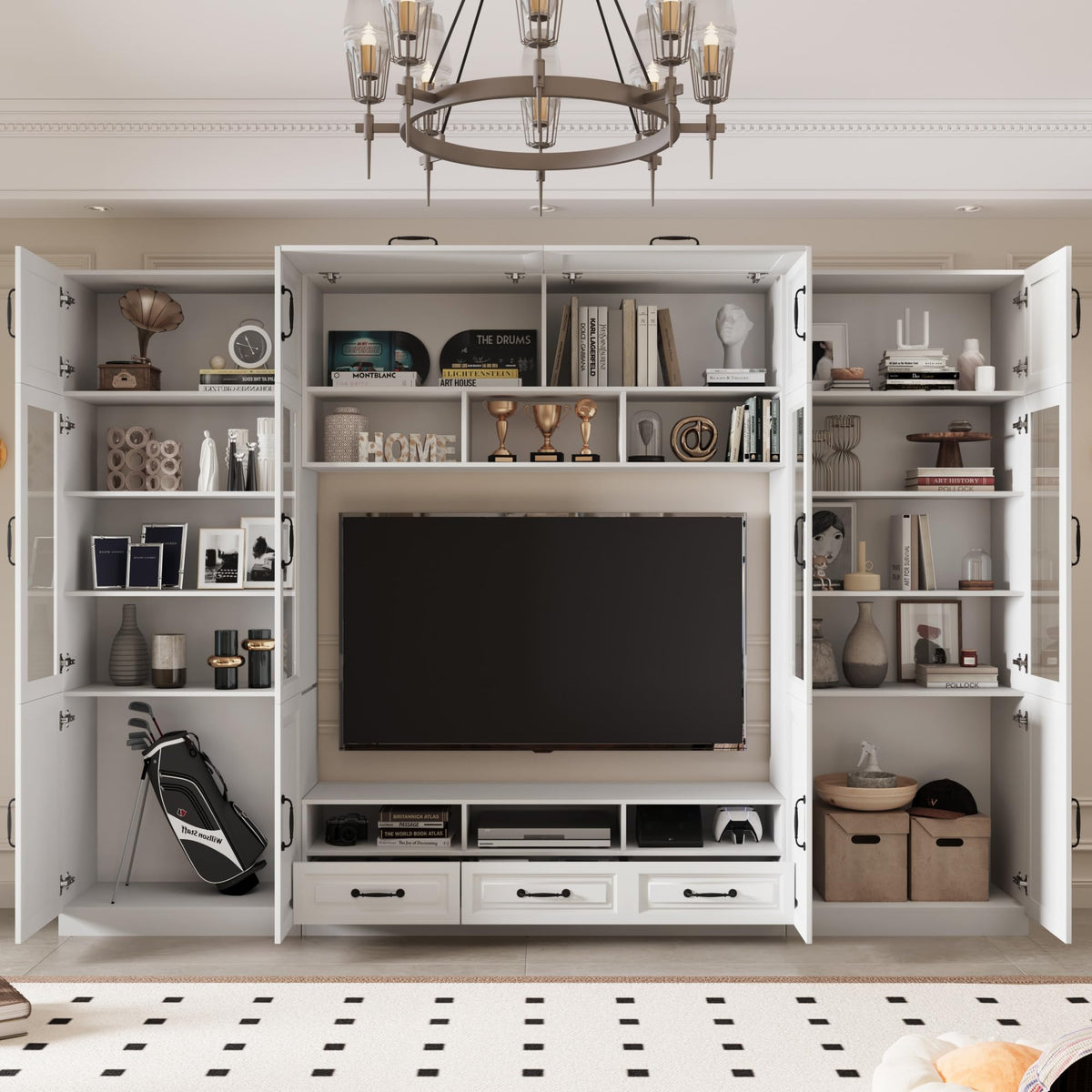 126" 4-Piece Entertainment Center Wall Unit with Glass Doors & Drawers