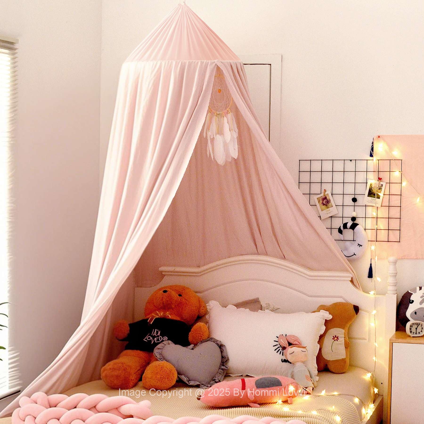 Light Pink Bed Canopy for Girls with Light, Princess Canopy Curtains