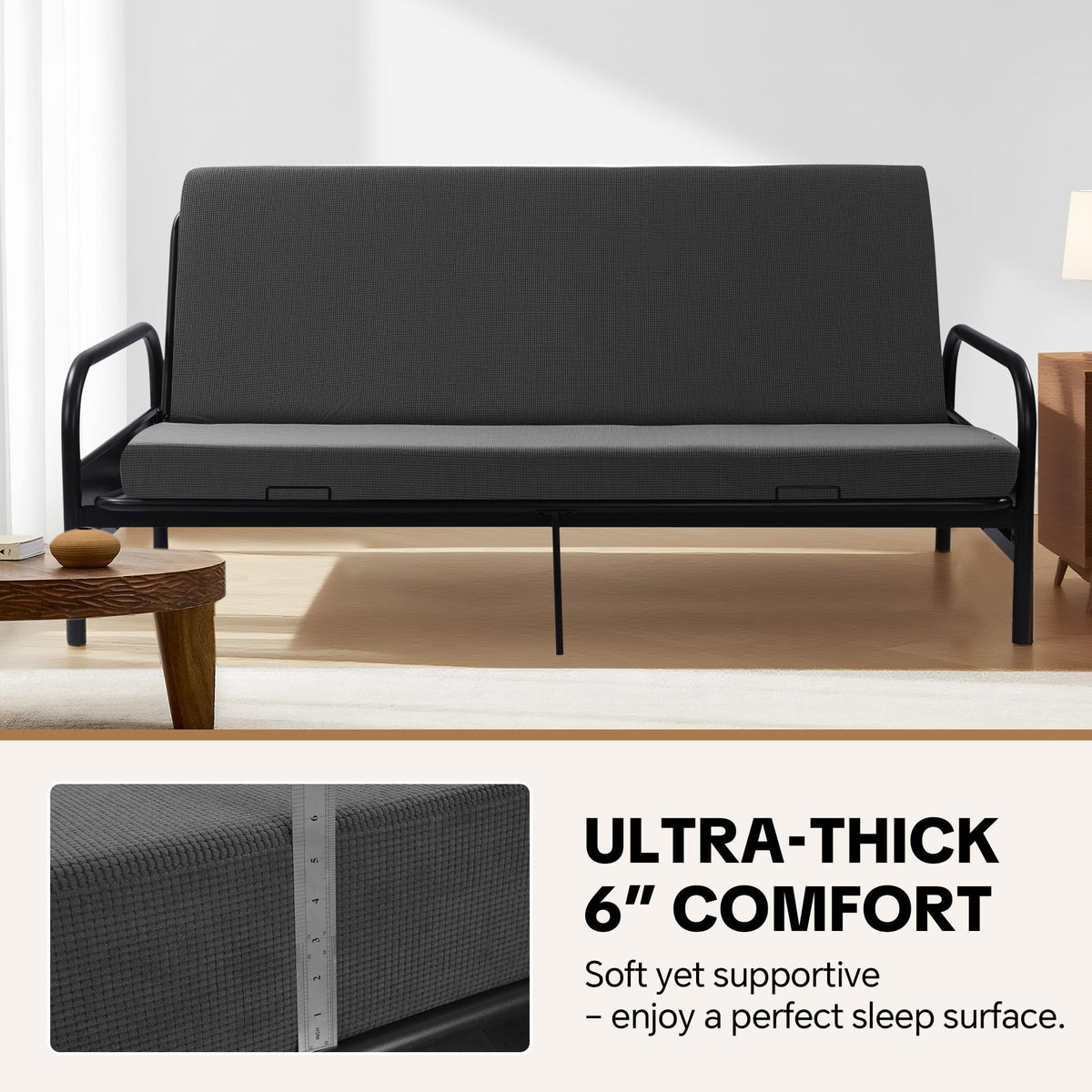Full Size Futon Mattress, 6-Inch High-Density Foam, Foldable, Gray