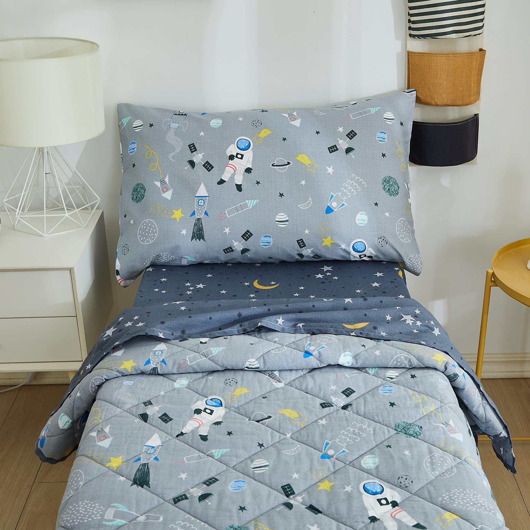 4-Piece Toddler Bedding Sets for Boys Space Rocket Galaxy Bed Sheet Set Girls
