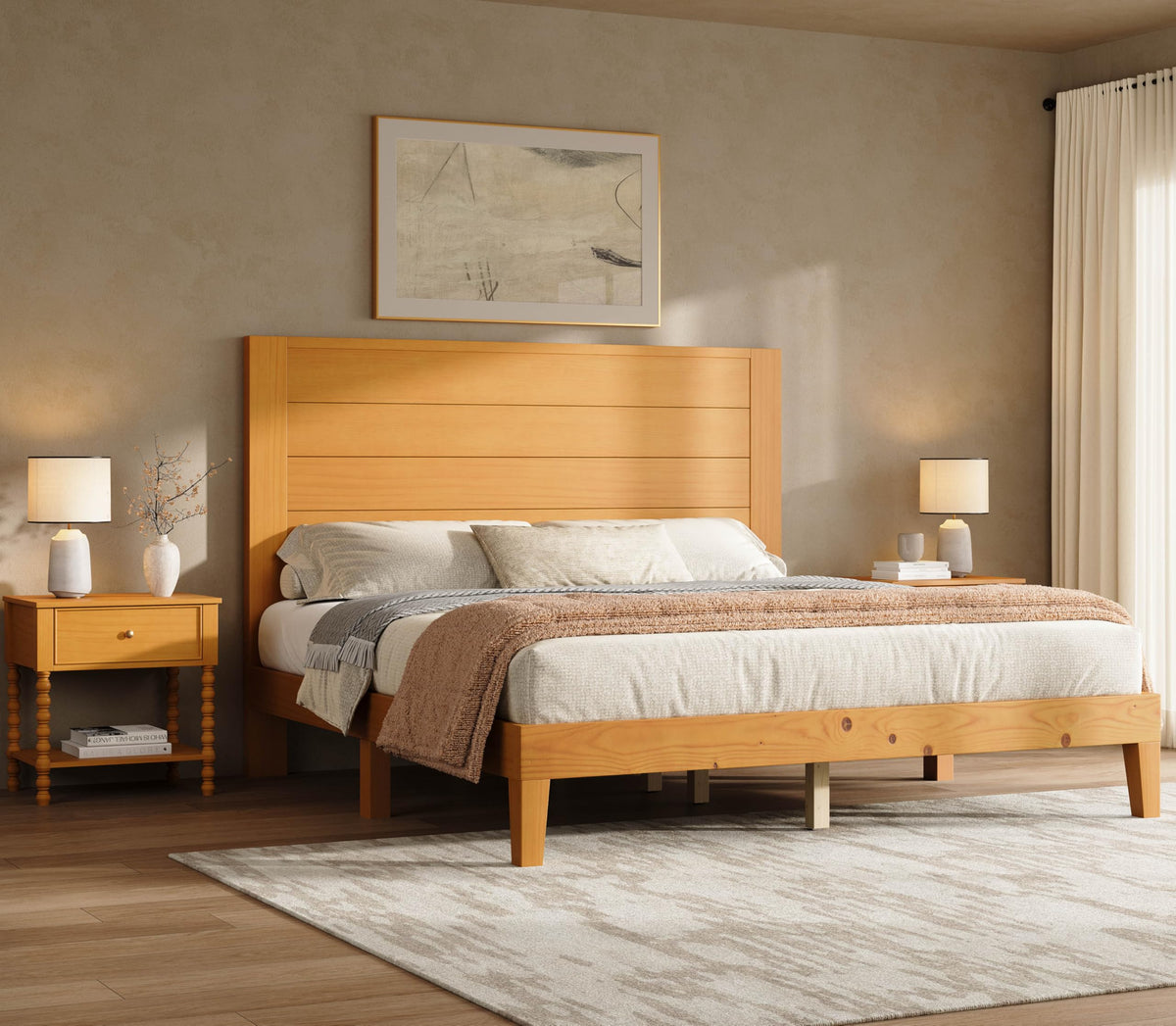 3-Piece Solid Wood Bedroom Set – Platform Bed & 2 Nightstands