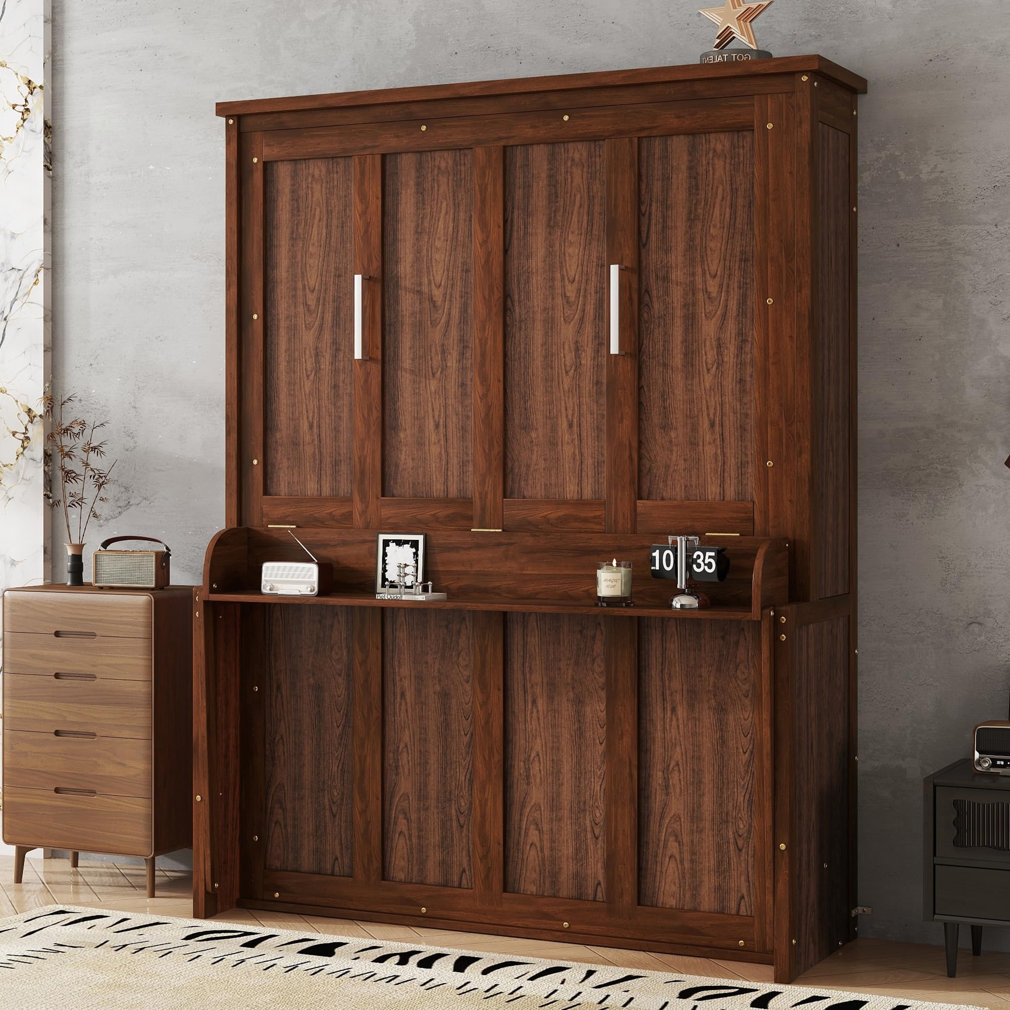 Wall Bed with Desk, Wood Cabinet Murphy Bed, Space-Saving Hidden
